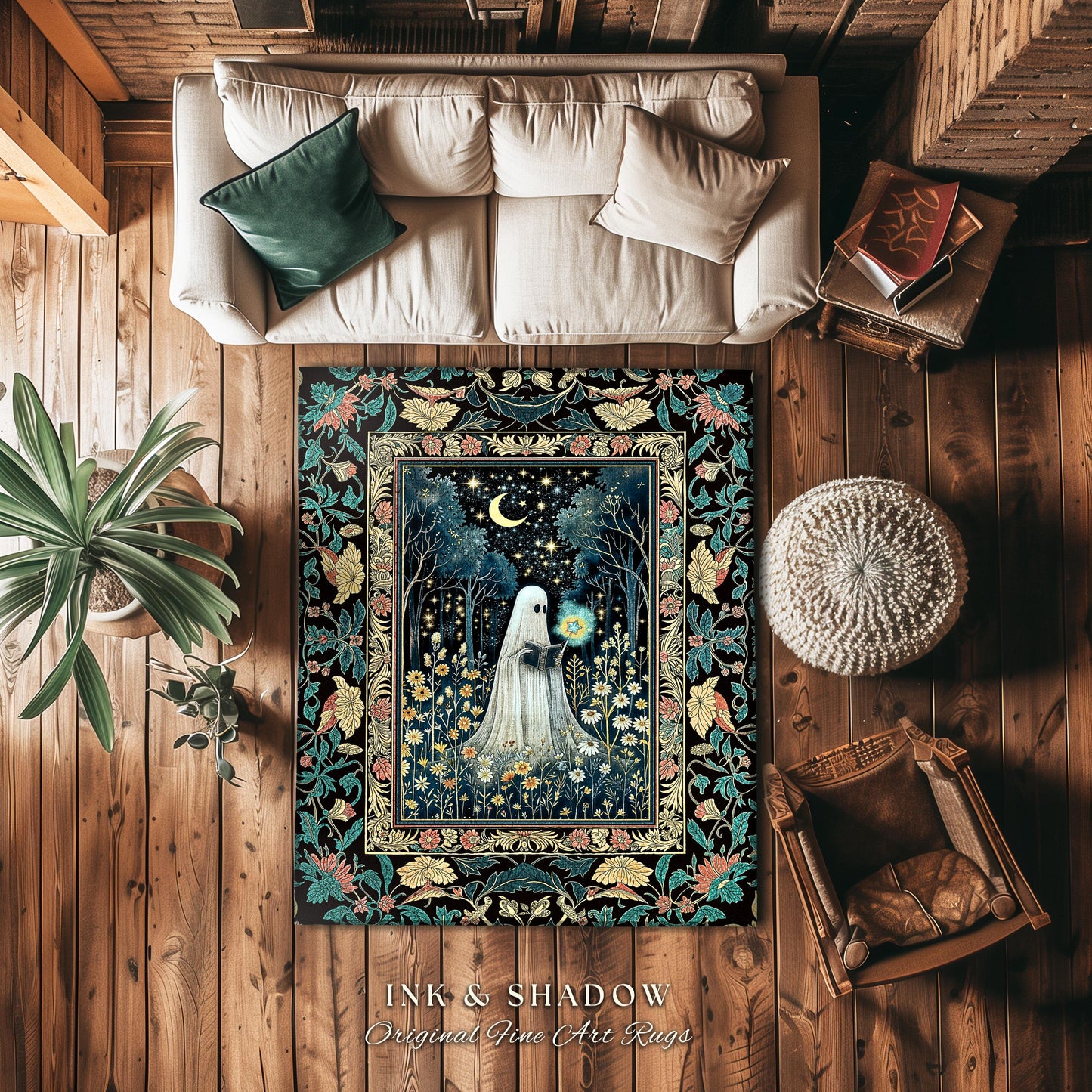 Magical Meadow Haunted Ghost Rug | Whimsigoth Halloween Cottagecore Bedroom Rug Mystic Gothic Decor Home Accent Fall Spirit Book Nook Style