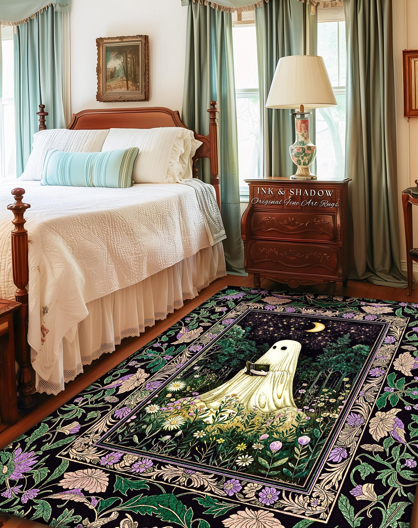 Moody Forest Spirit Ghost Accent Rug | Dark Whimsigoth Celestial Bedroom Rug Witchy Mystical Reading Room Decor Fall Home Aesthetic Cozy |