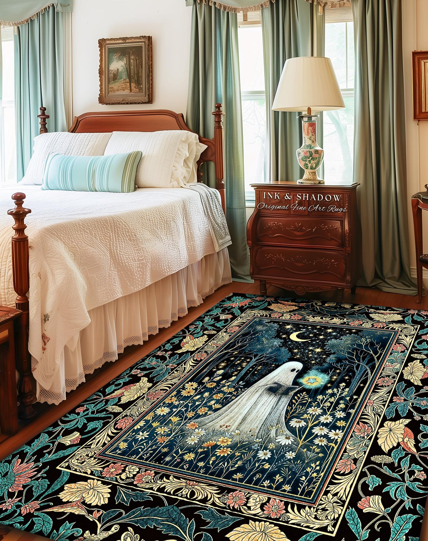Magical Meadow Haunted Ghost Rug | Whimsigoth Halloween Cottagecore Bedroom Rug Mystic Gothic Decor Home Accent Fall Spirit Book Nook Style