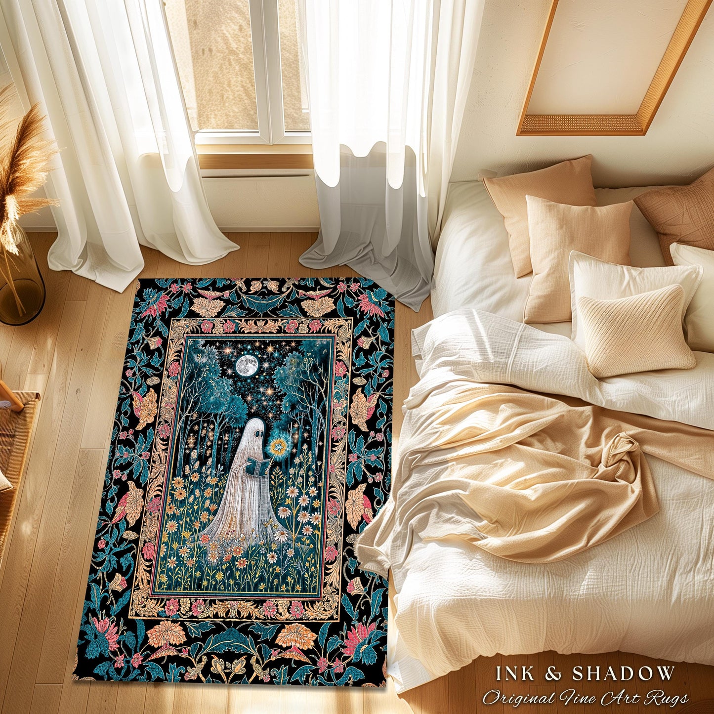 Daisy Garden Witchy Ghost Area Rug | Autumn Forest Accent Rug Whimsical Spirit Garden Reading Nook Celestial Gothic Bedroom Halloween Decor