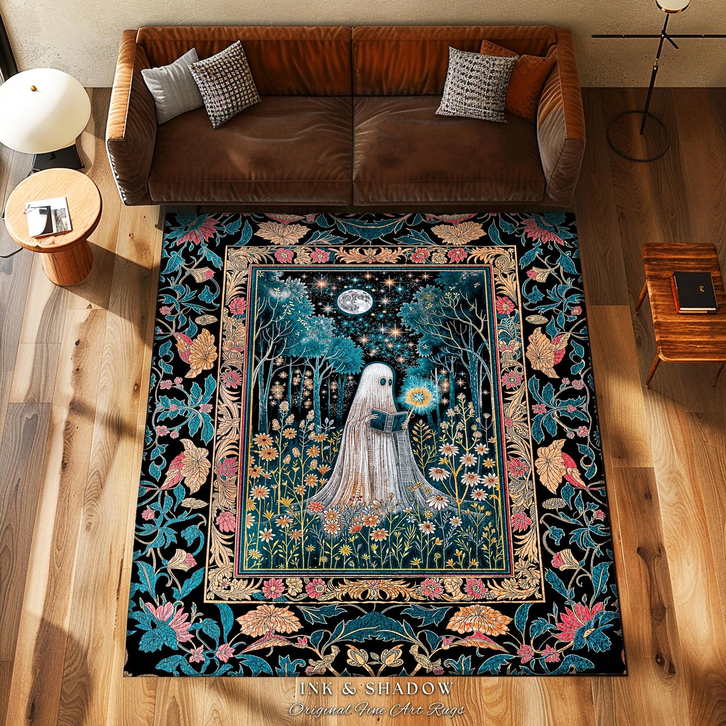 Daisy Garden Witchy Ghost Area Rug | Autumn Forest Accent Rug Whimsical Spirit Garden Reading Nook Celestial Gothic Bedroom Halloween Decor
