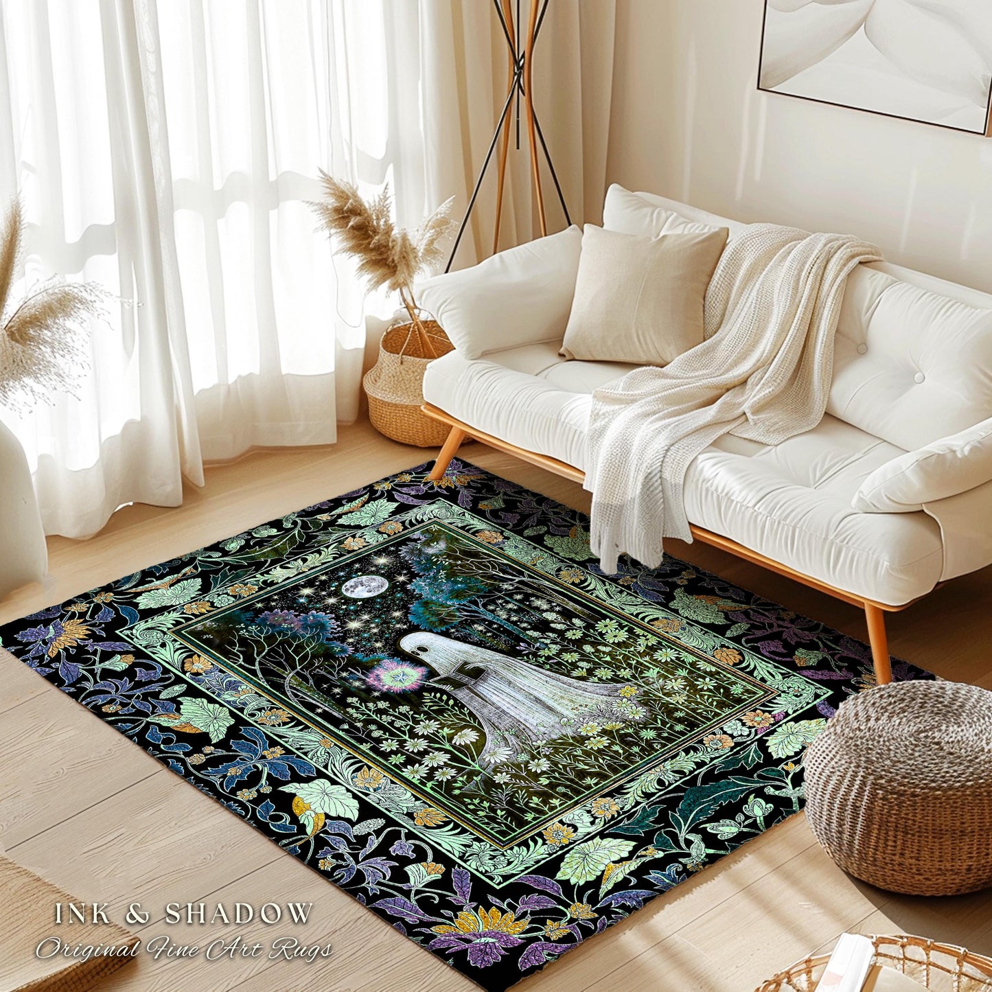 Gothic Maximalist Moody Ghost Area Rug | Moonlit Ethereal Cottagecore Rug Celestial Reading Room Accent Whimsical Bedroom Halloween Decor |