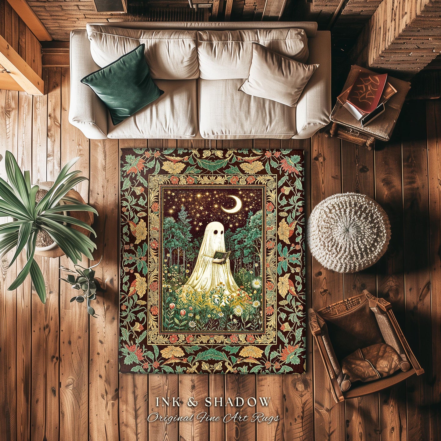Haunted Midnight Reading Ghost Rug | Gothic Fairytale Bedroom Accent Mystical Cottagecore Decor Celestial Autumn Rug Whimsigoth Witchy Style