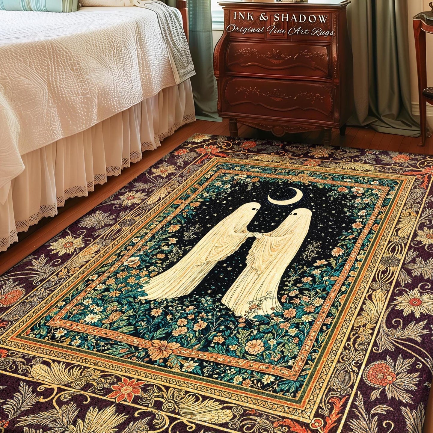Crescent Moon Garden Ghosts Rug | Whimsical Cottagecore Bedroom Accent Haunted Decor Cozy Floral Whimsigoth Halloween Spirit Dark Academia |