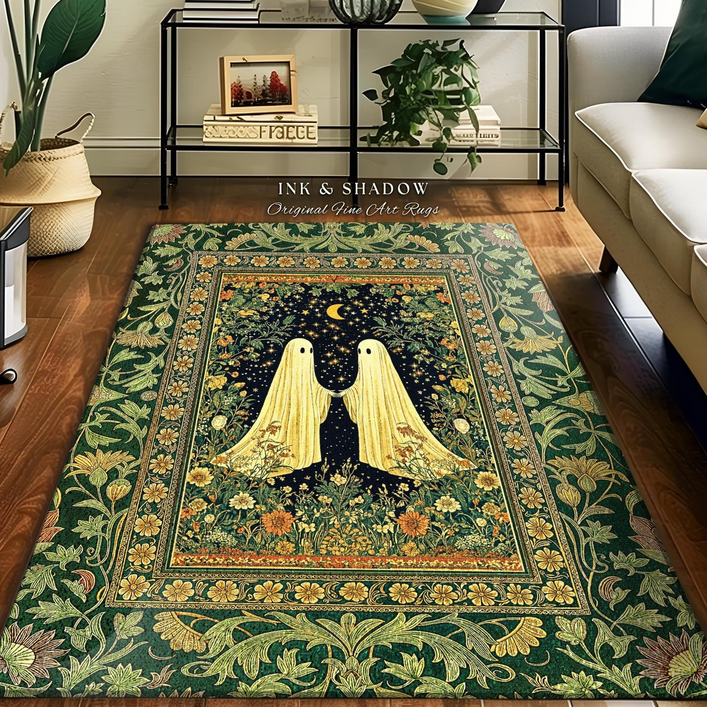 Haunted Meadow Ghost Area Rug | Cozy Cottagecore Bedroom Decor Floral Whimsigoth Cute Halloween Accent Enchanted Spirit Celestial Style Home
