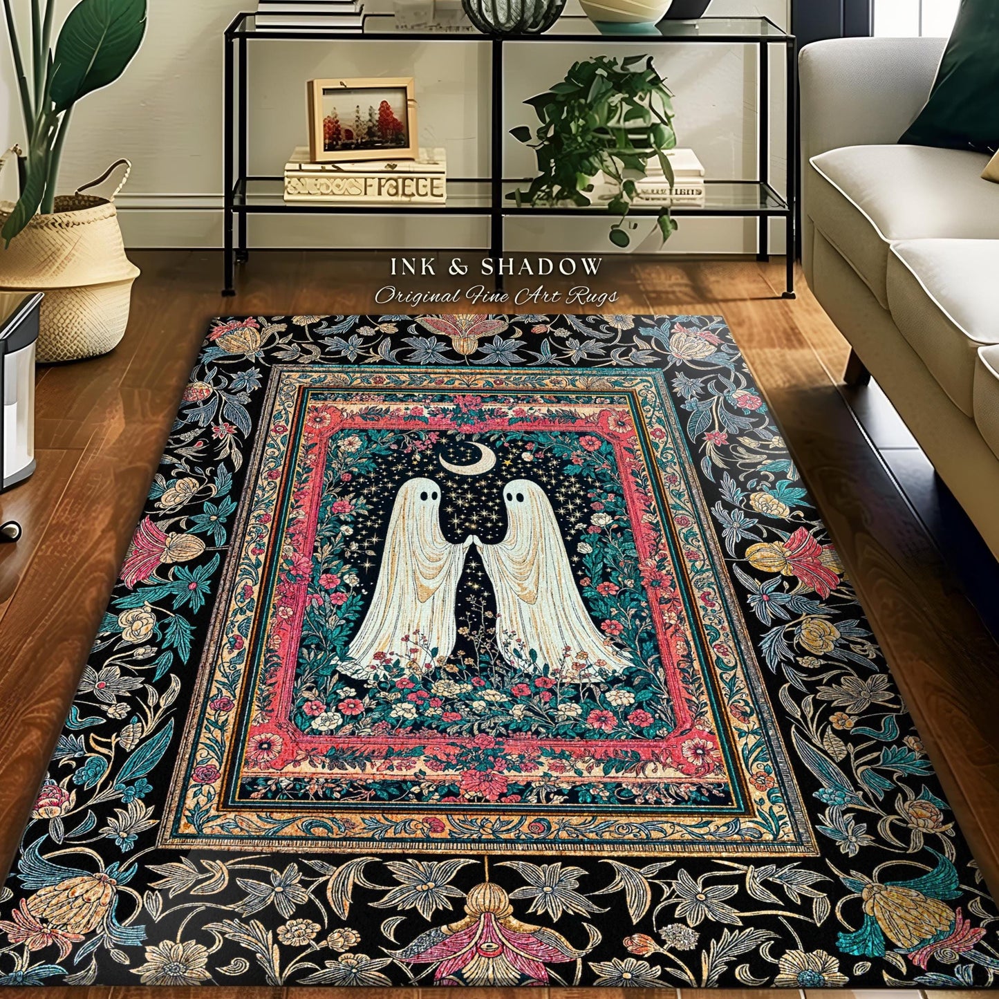 Retro Pastels Floral Ghost Accent Rug | Whimsigoth Halloween Bedroom Decor Dark Cottagecore Celestial Spirit Haunted Enchanted Cozy Gothic |