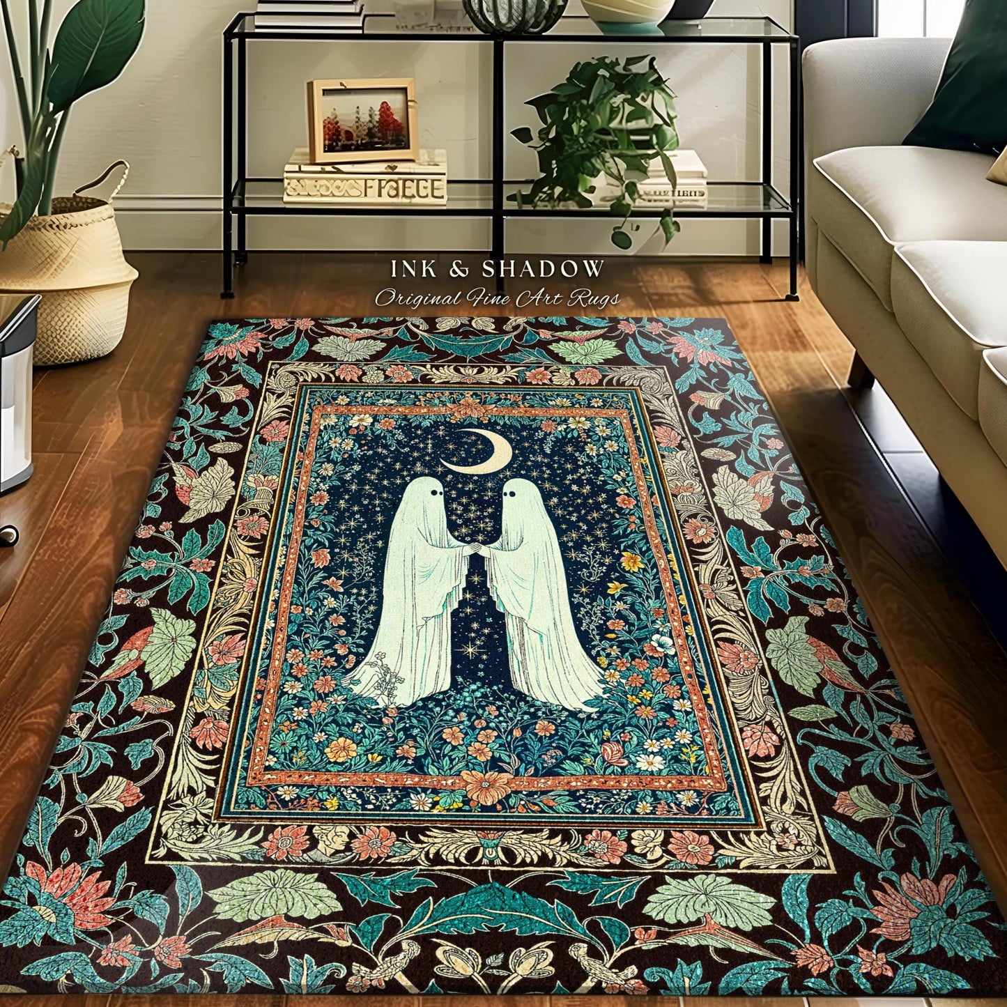 Secret Garden Ghost Lovers Rug | Cozy Cottagecore Bedroom Accent Floral Halloween Decor Celestial Whimsigoth Gothic Enchanted Moody Home |