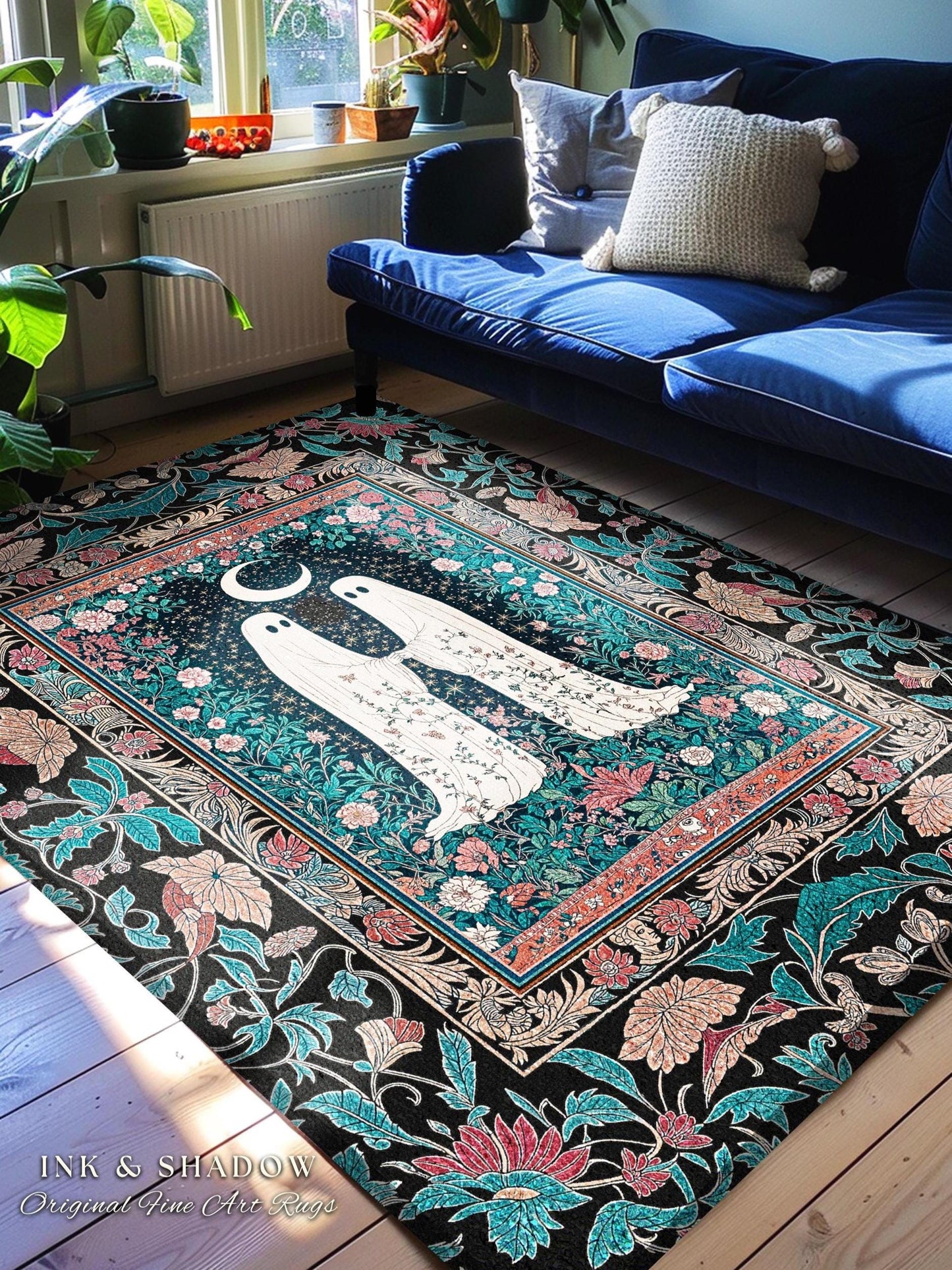 Jewel Toned Botanical Ghost Rug | Dark Cottagecore Halloween Bedroom Decor Celestial Accent Whimsigoth Spirit Gothic Starry Cozy Aesthetic |