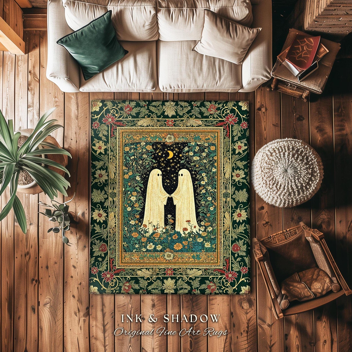 Romantic Cozy Ghost Friends Area Rug | Celestial Cottagecore Witchy Decor Gothic Bedroom Accent Whimsigoth Aesthetic Folklore Inspired Rug |