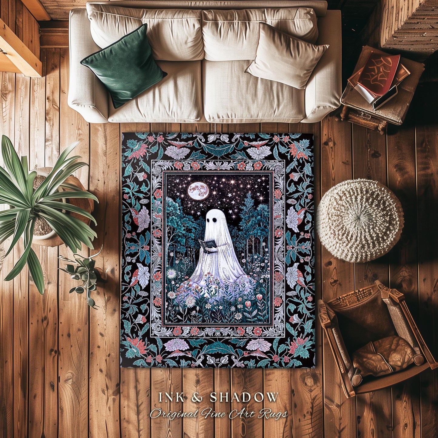 Bookish Aesthetic Celestial Ghost Rug | Mystical Cottagecore Bedroom Accent Halloween Reading Rug Whimsigoth Home Decor Witchy Gothic Style