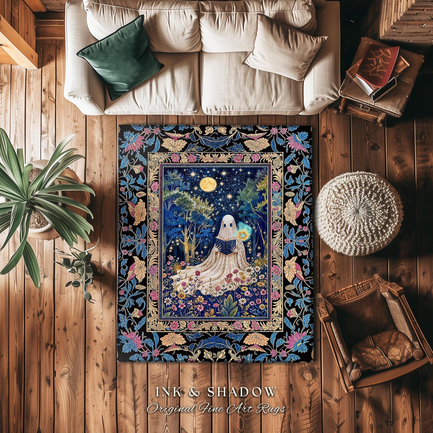 Spell Book Ghost Forest Area Rug | Mystical Book Rug Halloween Bedroom Decor Whimsigoth Cottagecore Reading Nook Celestial Autumn Home Style