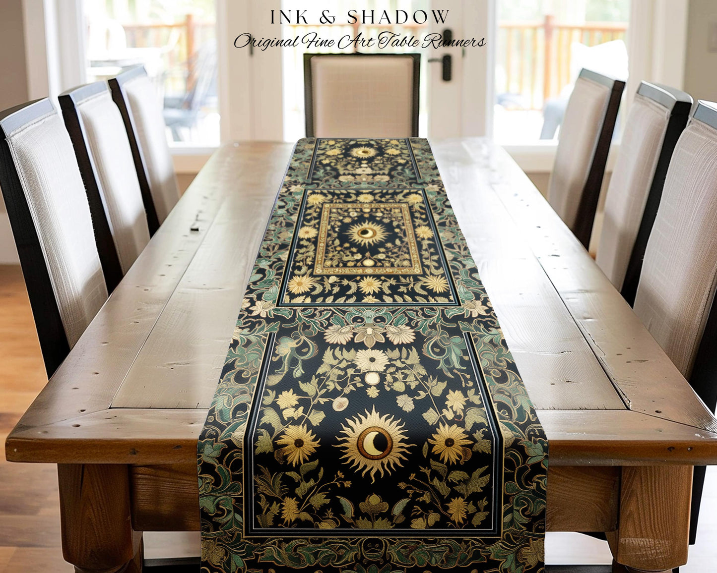 Earthy Spiritual Sun Table Runner | Hippie Gothic Botanical Ethereal Mystic Dining Room Whimsical Celestial Tarot Aesthetic Astrology Decor