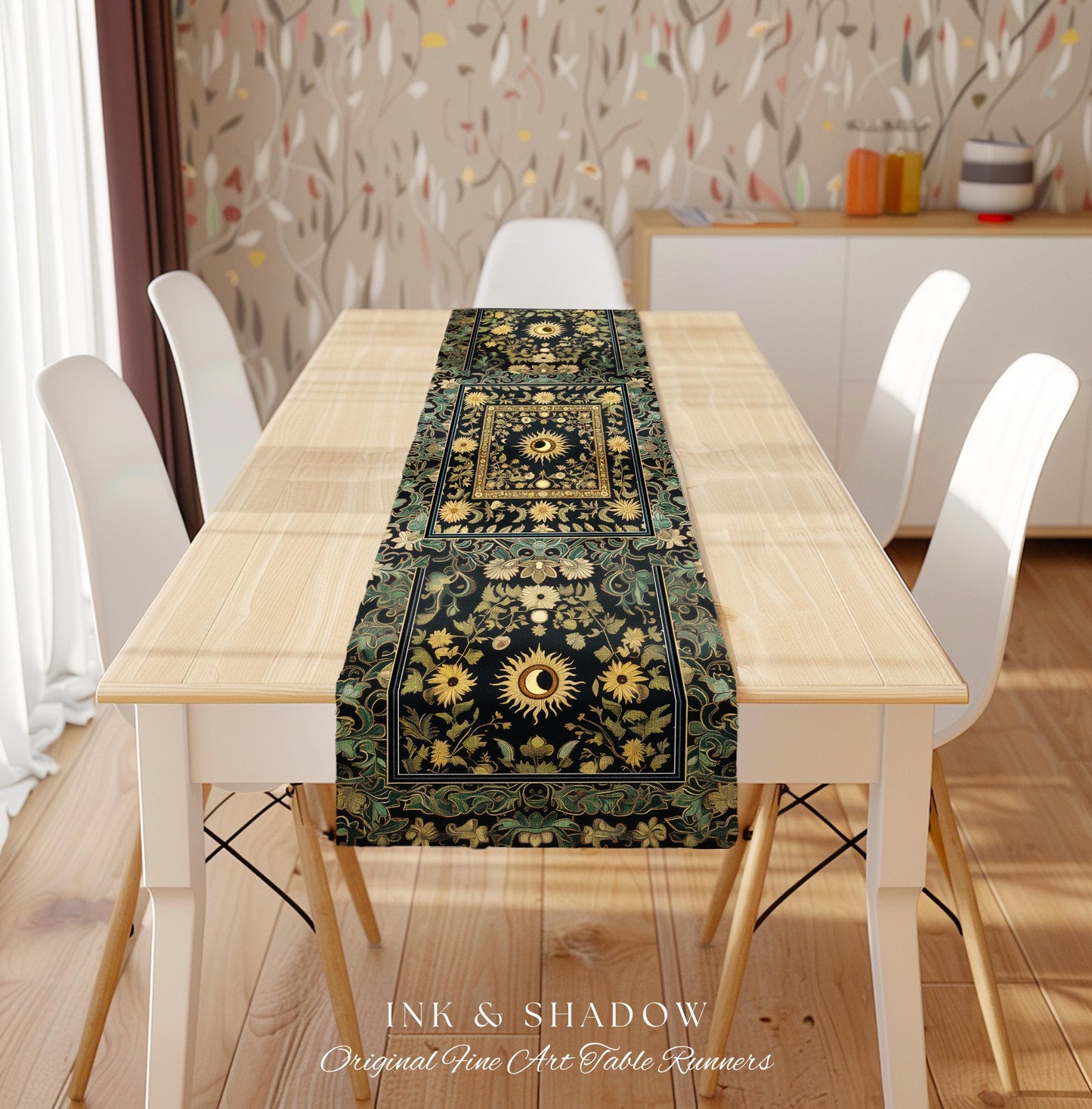 Earthy Spiritual Sun Table Runner | Hippie Gothic Botanical Ethereal Mystic Dining Room Whimsical Celestial Tarot Aesthetic Astrology Decor
