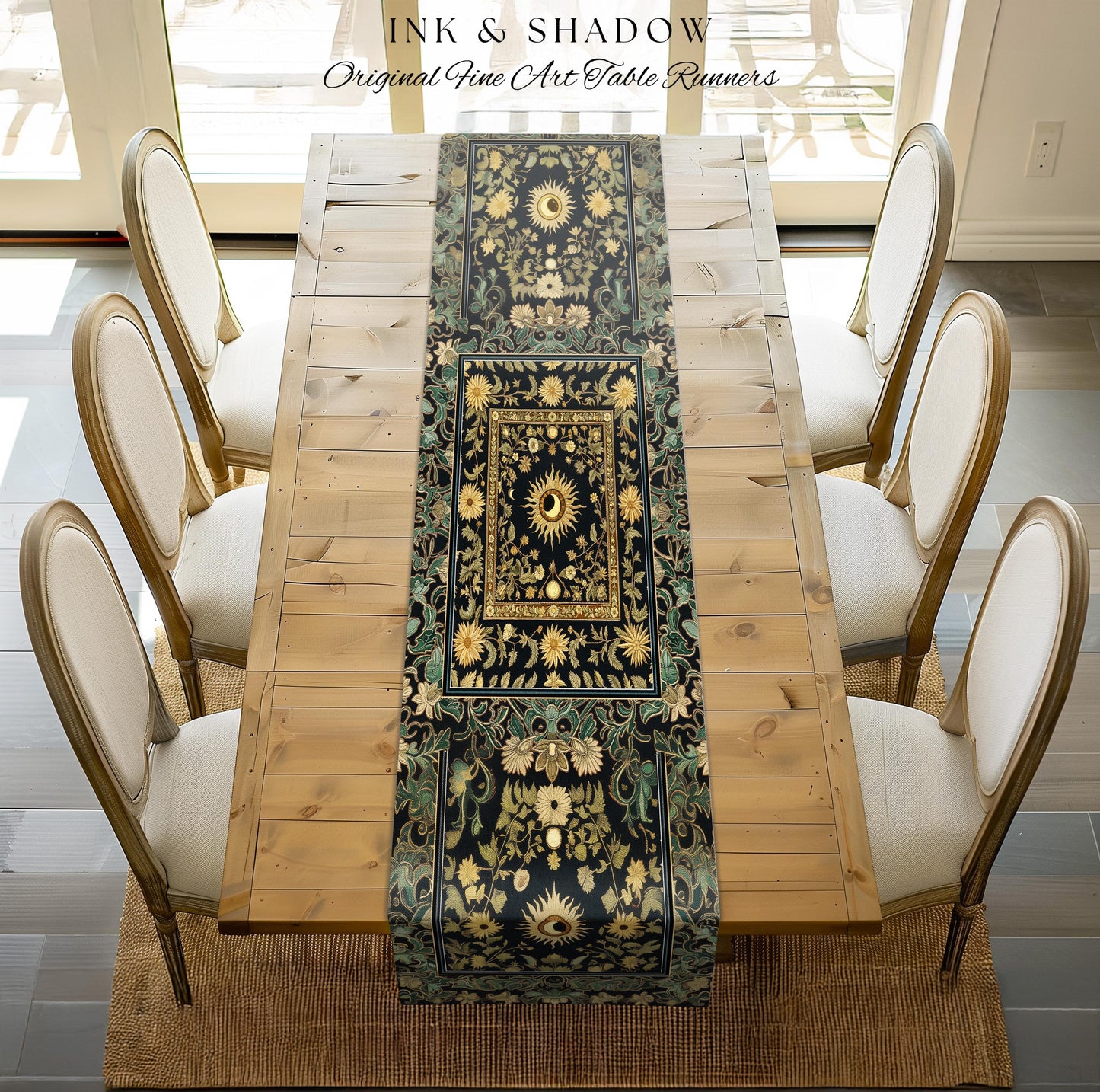 Earthy Spiritual Sun Table Runner | Hippie Gothic Botanical Ethereal Mystic Dining Room Whimsical Celestial Tarot Aesthetic Astrology Decor