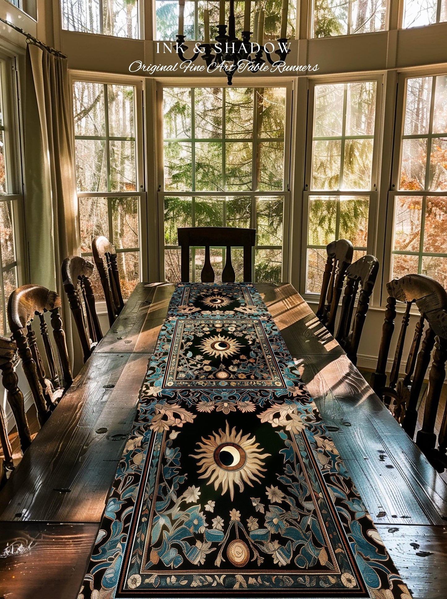 Mystic Moon Dark Academia Table Runner | Celestial Tarot Inspired Gothic Maximalist Dining Table Runner Whimsical Astrology Ethereal Witchy