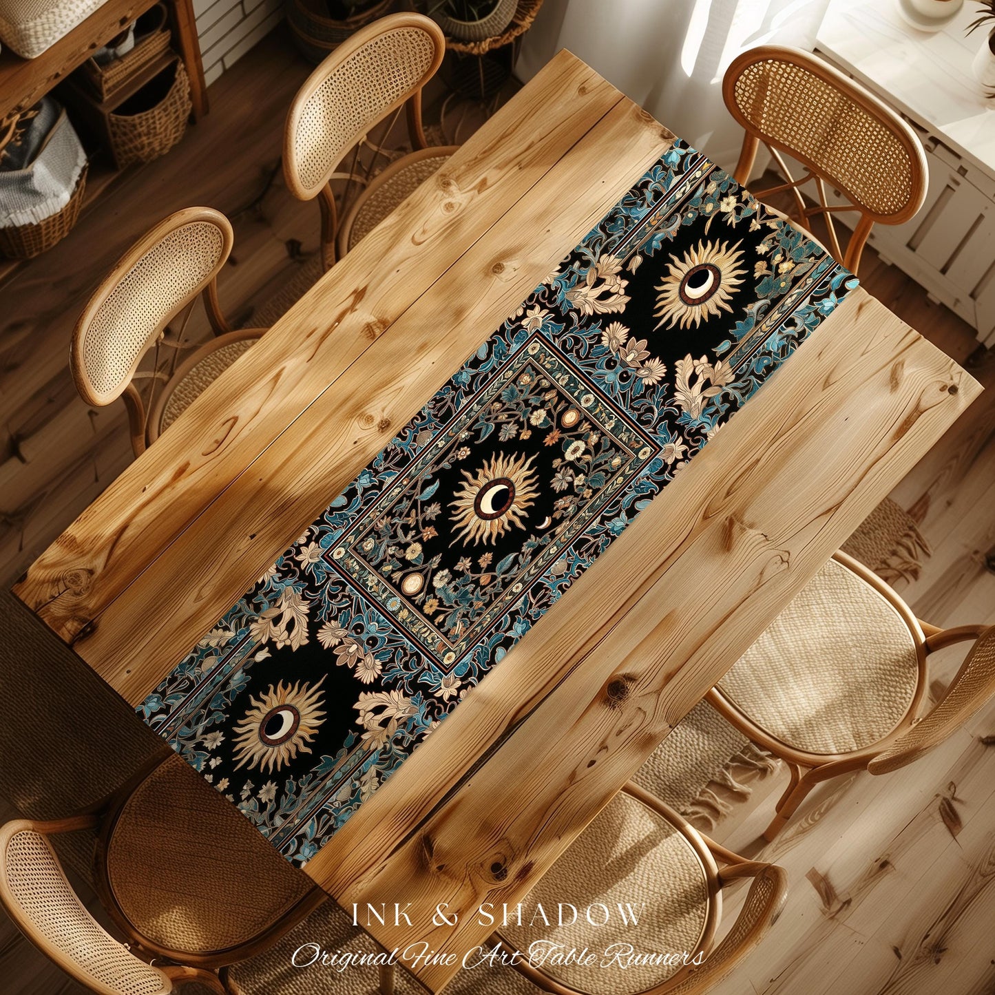 Mystic Moon Dark Academia Table Runner | Celestial Tarot Inspired Gothic Maximalist Dining Table Runner Whimsical Astrology Ethereal Witchy