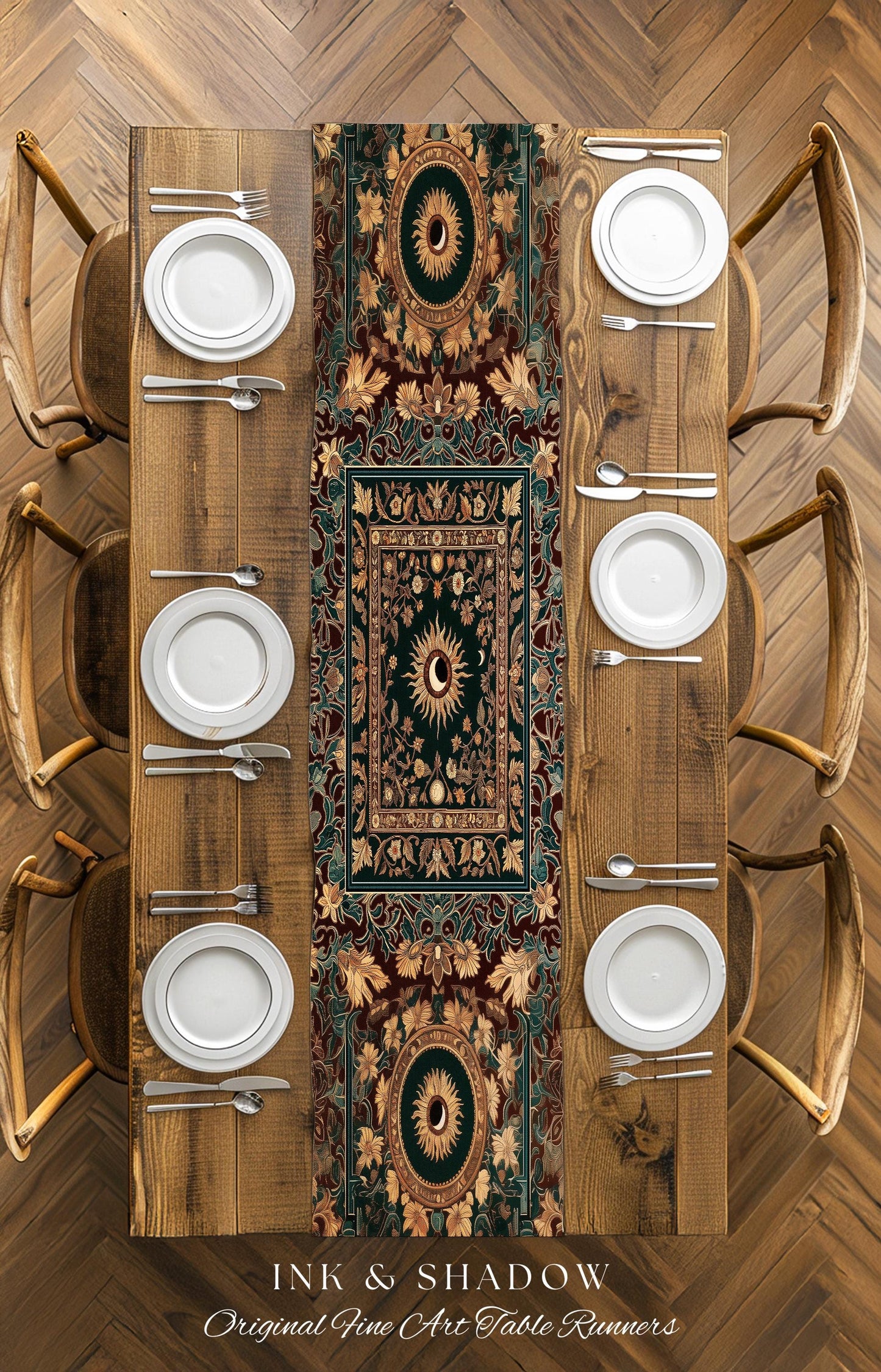 Moon and Sun Ethereal Bohemian Table Runner | Celestial Tarot Aesthetic Zodiac Inspired Runner Floral Maximalist Dinner Table Ethereal Style