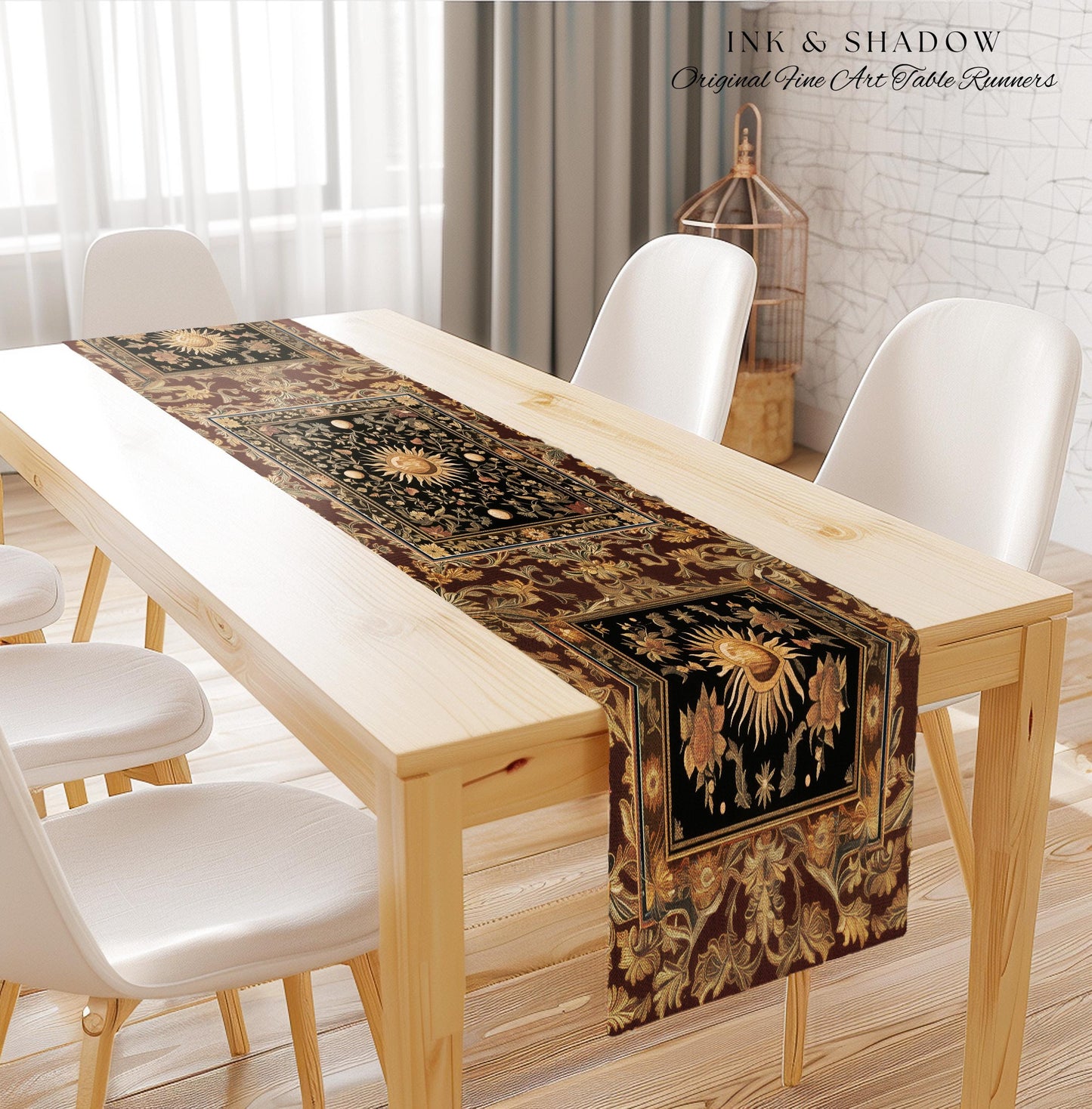 Dark Skies Celestial Table Runner | Enchanted Celestial Witchy Astrology Boho Maximalist Decor Sun and Moon Tarot Inspired Dining Room Table