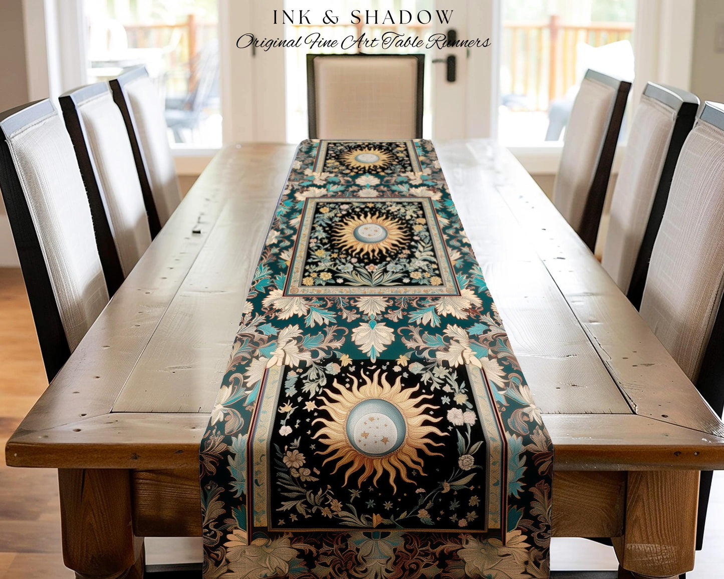 Enchanted Zodiac Mystic Table Runner | Celestial Gothic Tarot Inspired Dining Room Astrology Bohemian Sun and Moon Witchy Maximalist Dreamy