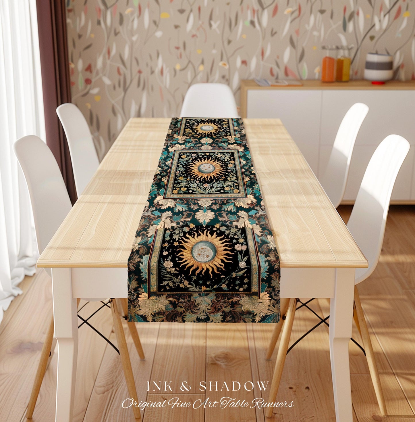 Enchanted Zodiac Mystic Table Runner | Celestial Gothic Tarot Inspired Dining Room Astrology Bohemian Sun and Moon Witchy Maximalist Dreamy