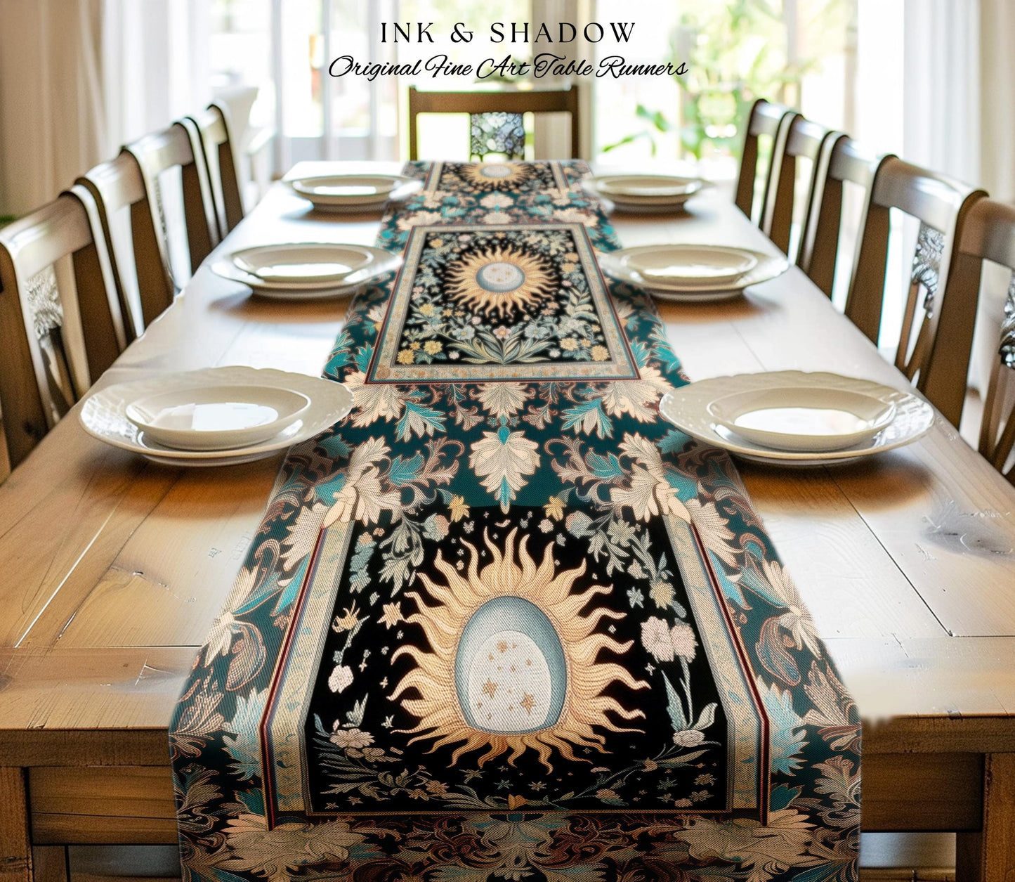Enchanted Zodiac Mystic Table Runner | Celestial Gothic Tarot Inspired Dining Room Astrology Bohemian Sun and Moon Witchy Maximalist Dreamy
