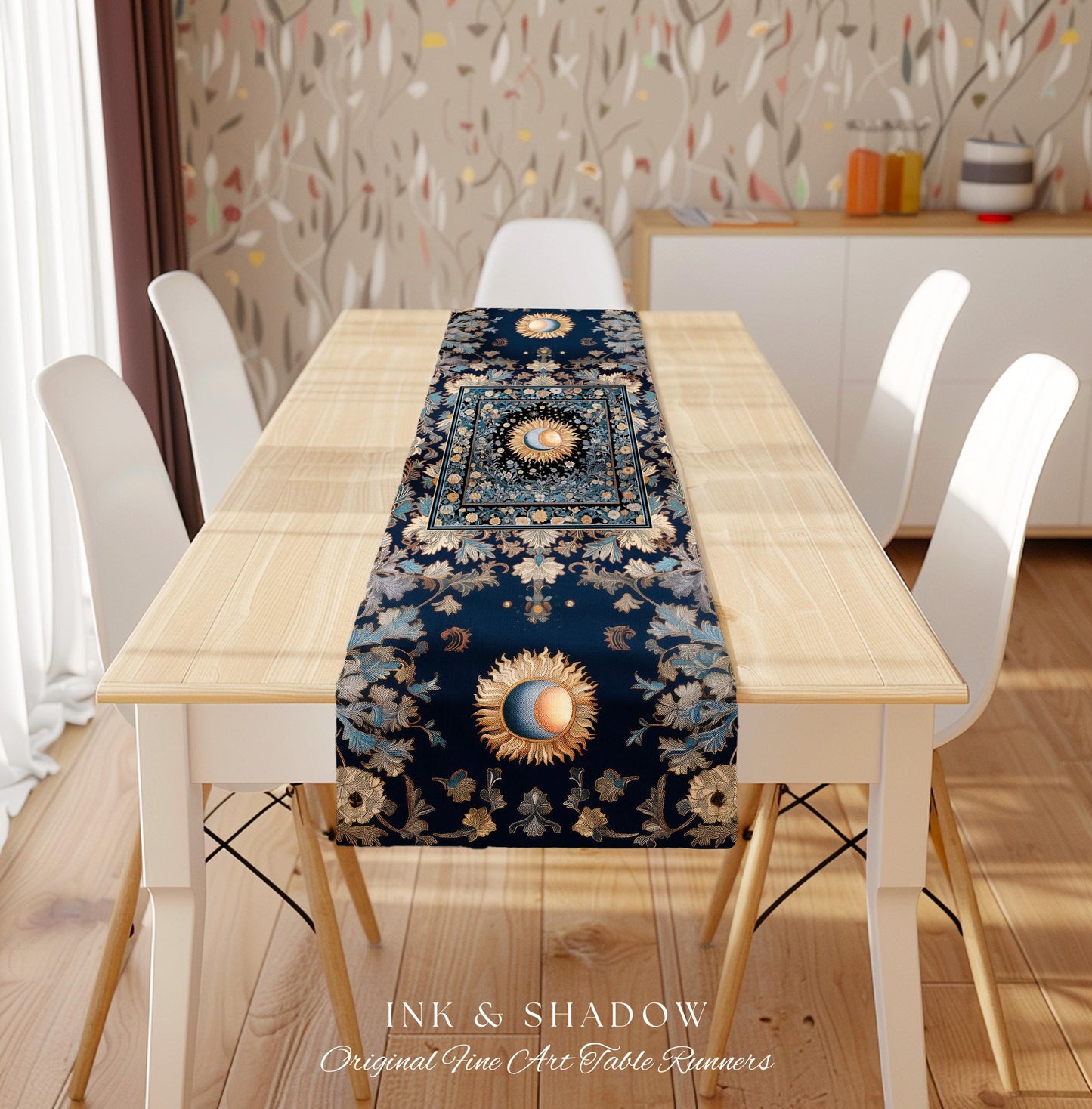 Lunar Energy Peaceful Table Runner | Gothic Bohemian Astrology Mystic Whimsical Sun & Moon Maximalist Witchy Tarot Celestial Dining Room |