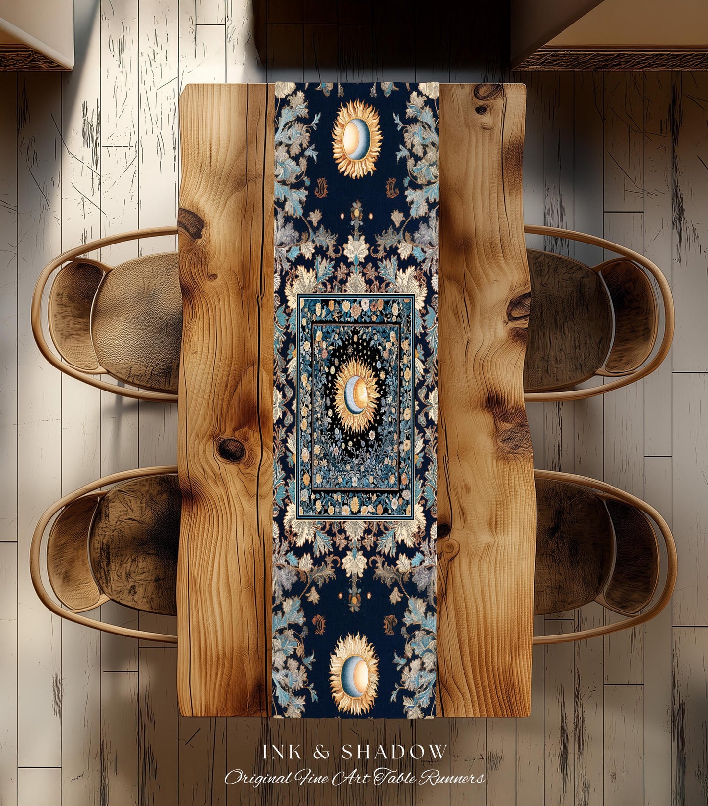 Lunar Energy Peaceful Table Runner | Gothic Bohemian Astrology Mystic Whimsical Sun & Moon Maximalist Witchy Tarot Celestial Dining Room |