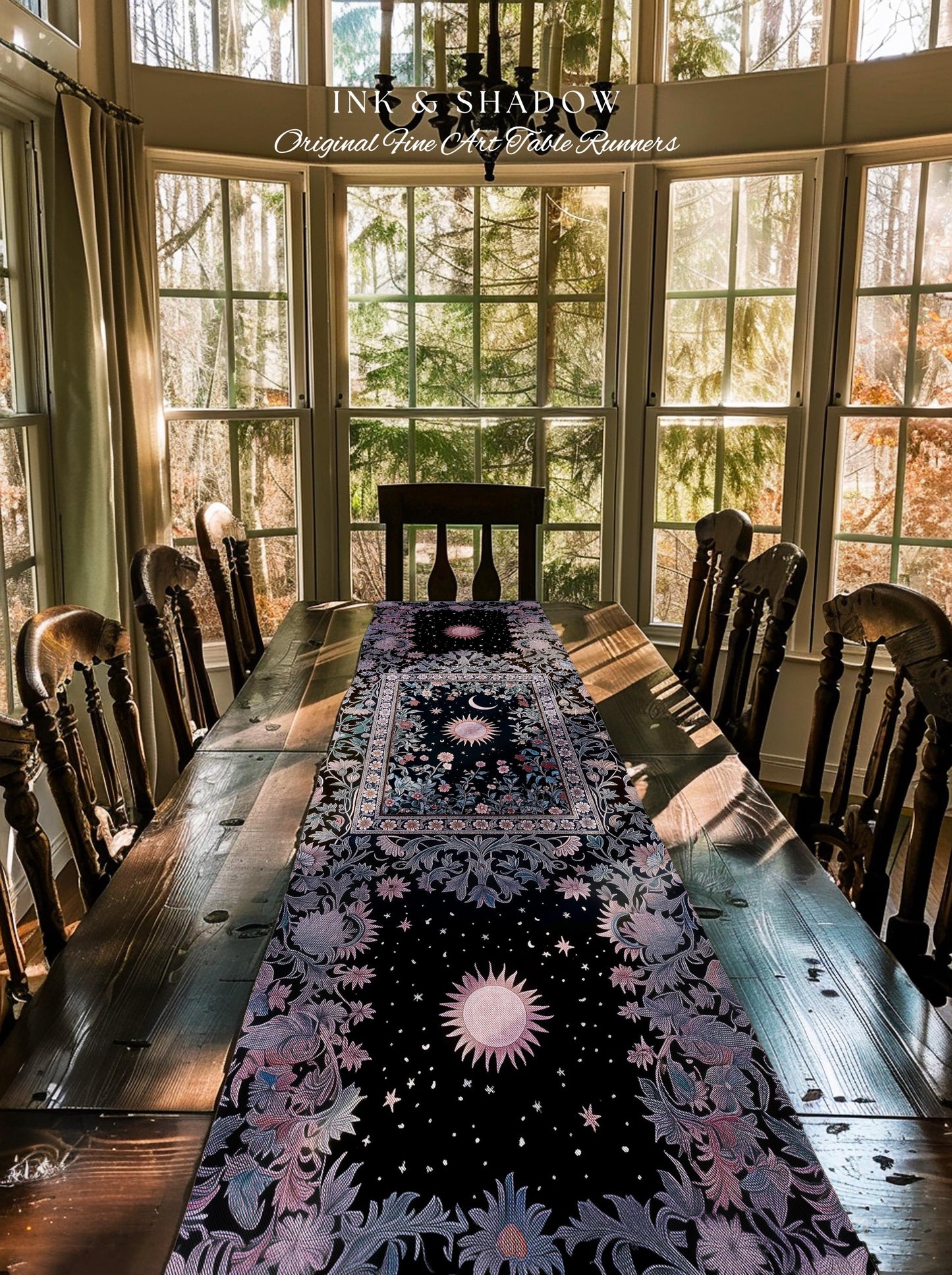 Midnight Lavender Celestial Table Runner | Witchy Pastel Tarot-Inspired Dining Room Bohemian Sun and Moon Maximalist Astrology Purple Decor