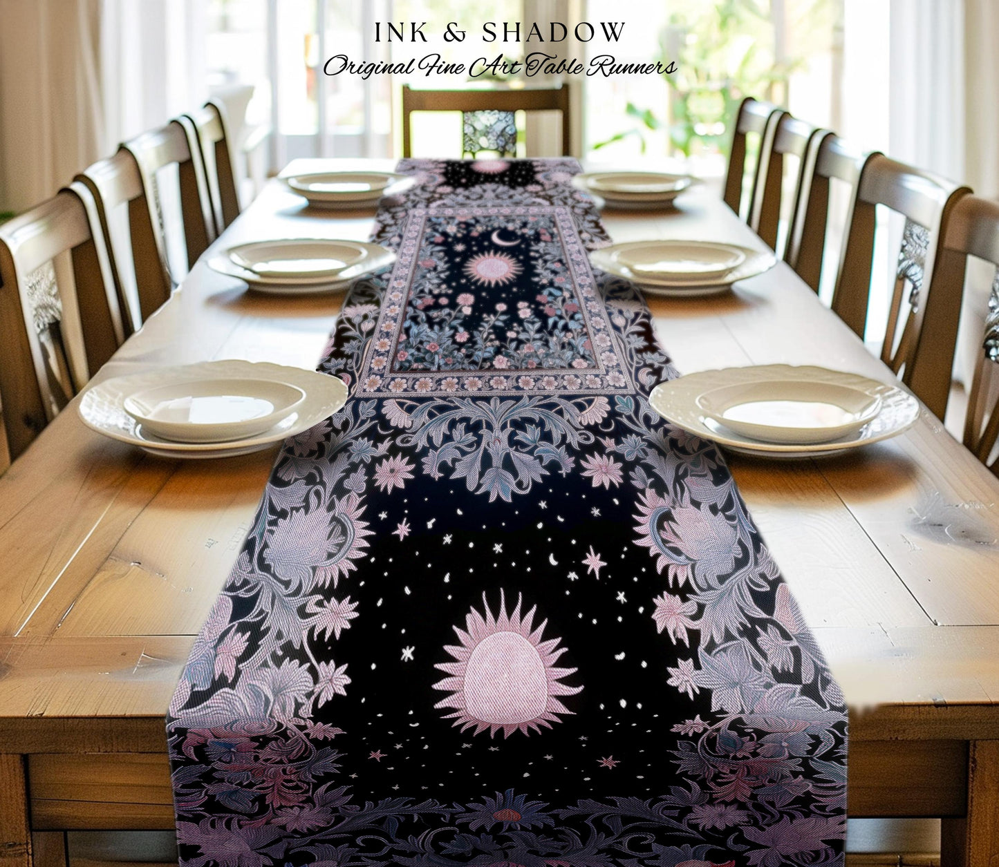 Midnight Lavender Celestial Table Runner | Witchy Pastel Tarot-Inspired Dining Room Bohemian Sun and Moon Maximalist Astrology Purple Decor