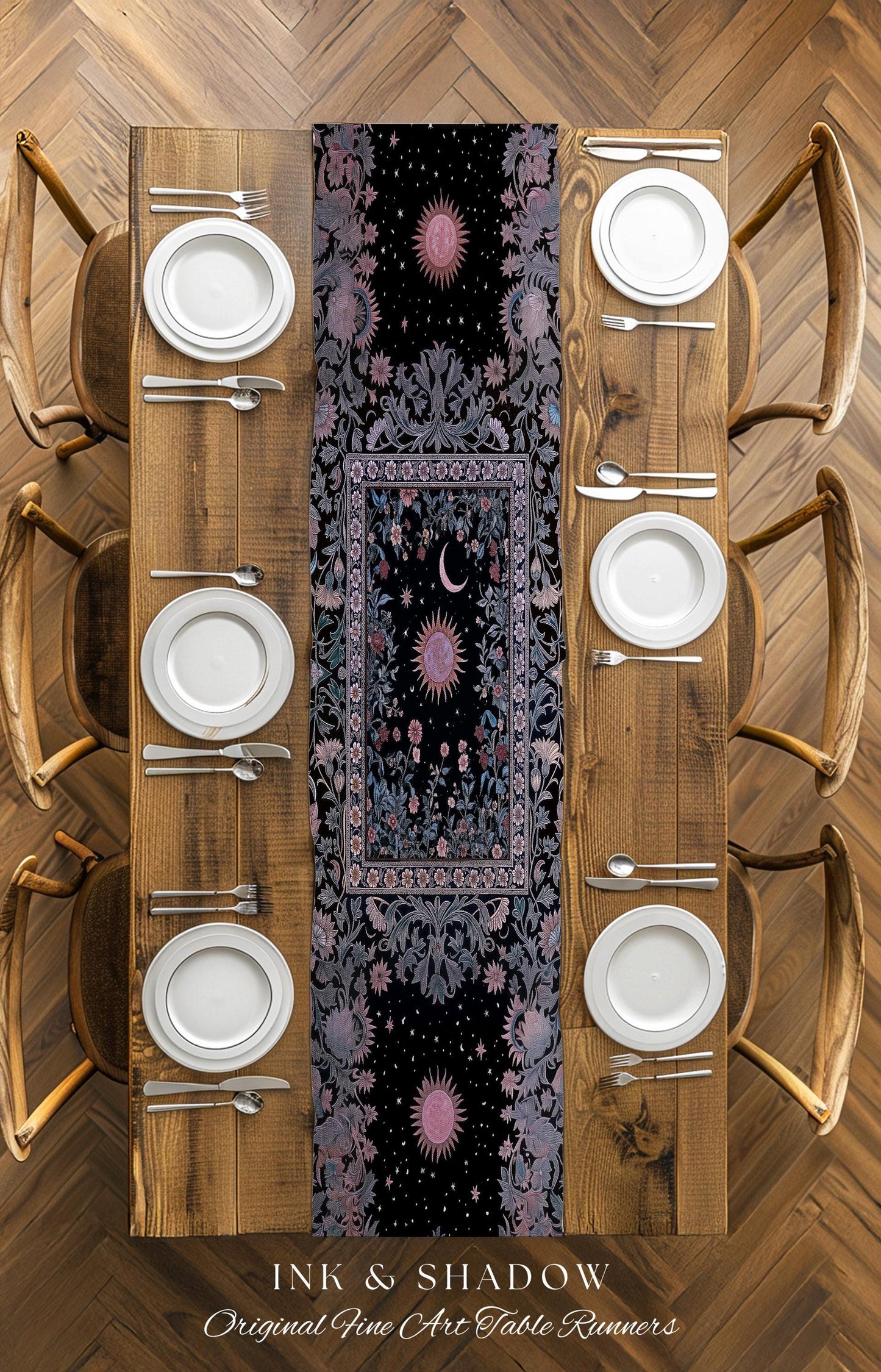 Midnight Lavender Celestial Table Runner | Witchy Pastel Tarot-Inspired Dining Room Bohemian Sun and Moon Maximalist Astrology Purple Decor
