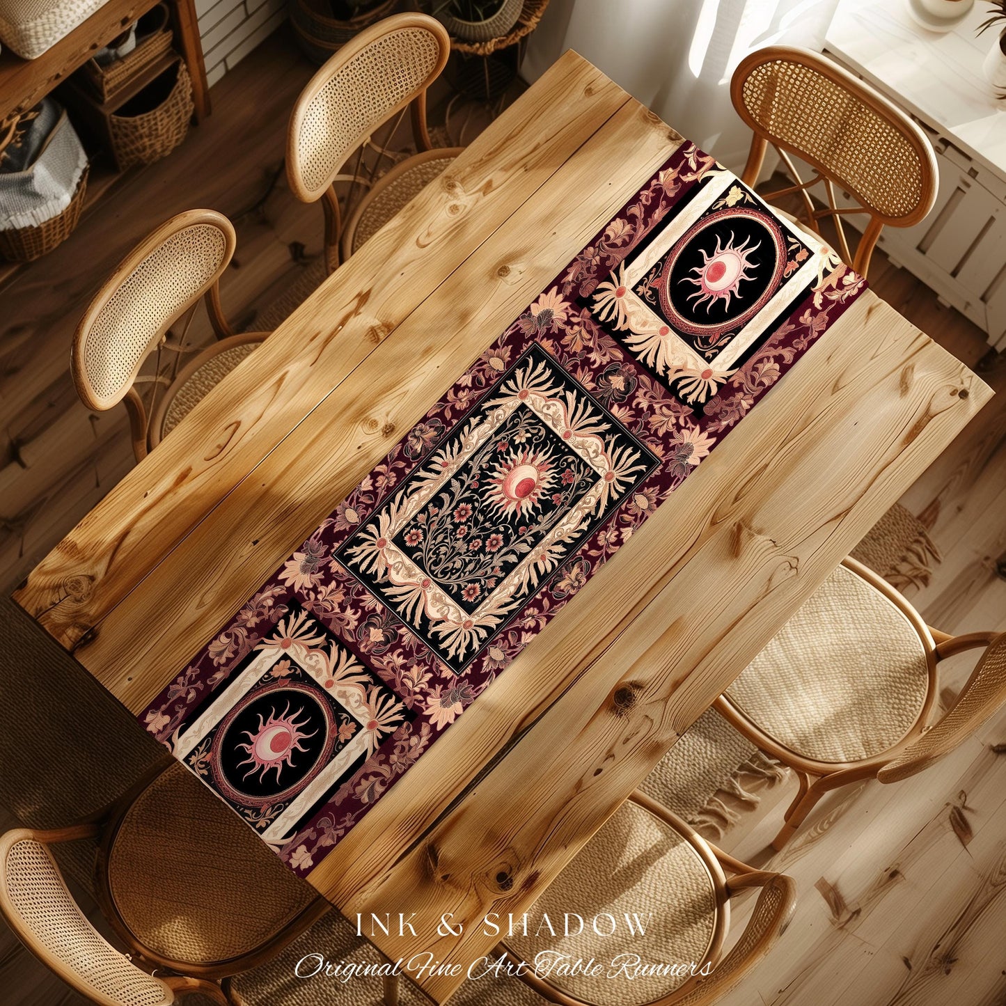 Celestial Victorian Gothic Table Runner | Dreamy Aesthetic Witchy Bohemian Magic Cosmic Astrology-Themed Maximalist Dining Room Decor Cosmic
