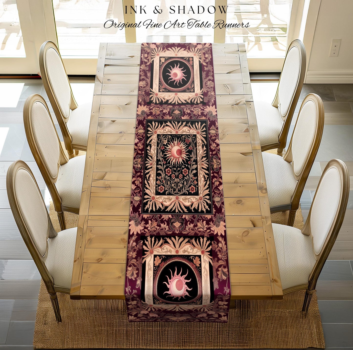 Celestial Victorian Gothic Table Runner | Dreamy Aesthetic Witchy Bohemian Magic Cosmic Astrology-Themed Maximalist Dining Room Decor Cosmic