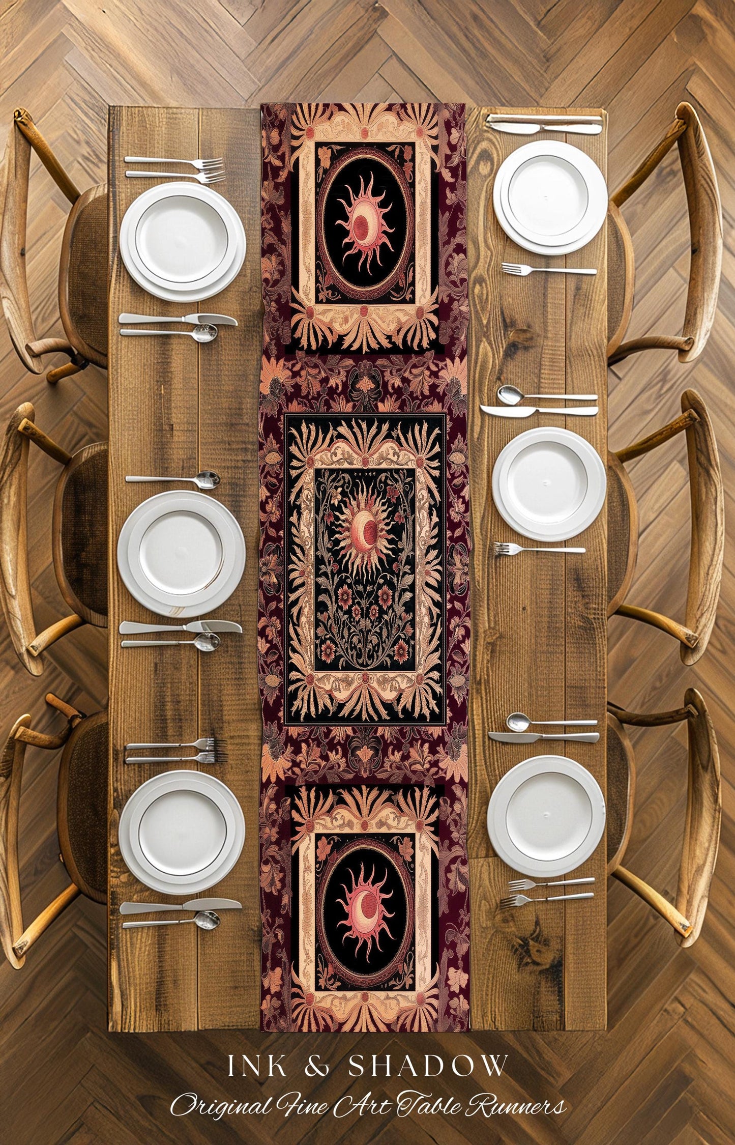 Celestial Victorian Gothic Table Runner | Dreamy Aesthetic Witchy Bohemian Magic Cosmic Astrology-Themed Maximalist Dining Room Decor Cosmic