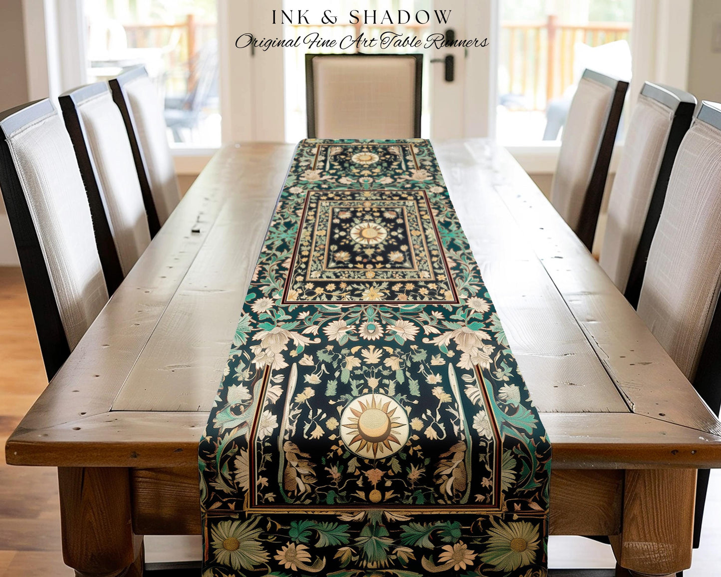 Witchy Sun Dark Academia Table Runner | Bohemian Rustic Whimsical Gothic Maximalist Dining Table Whimsical Celestial Astrology Aesthetic |