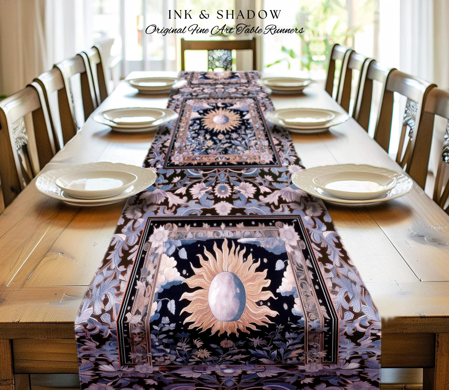 Enchanted Purples Boho Table Runner | Celestial Mystic Tarot Inspired Dining Room Table Witchy Pastel Bohemian Maximalist Decor Witchy Decor