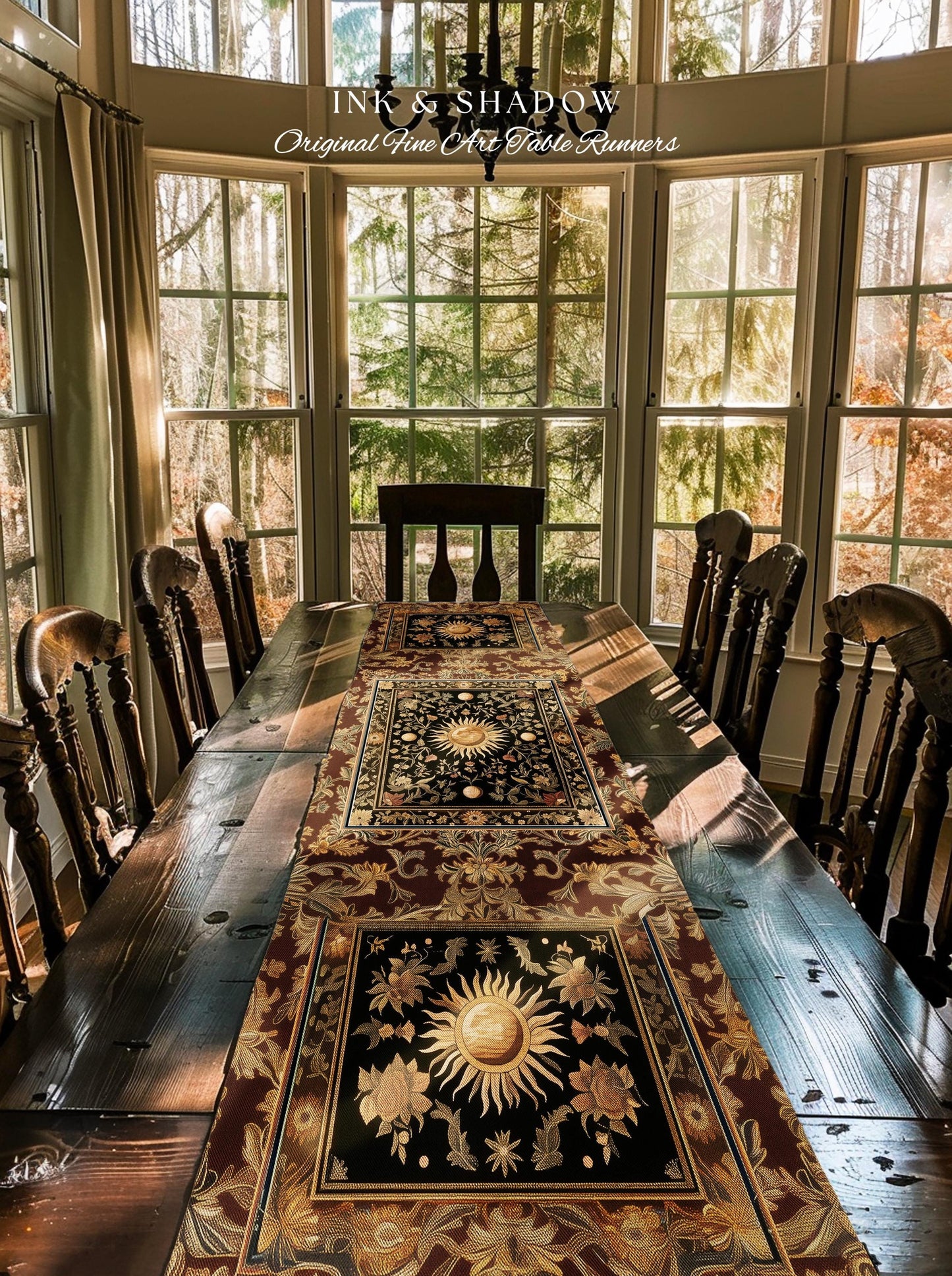Dark Skies Celestial Table Runner | Enchanted Celestial Witchy Astrology Boho Maximalist Decor Sun and Moon Tarot Inspired Dining Room Table