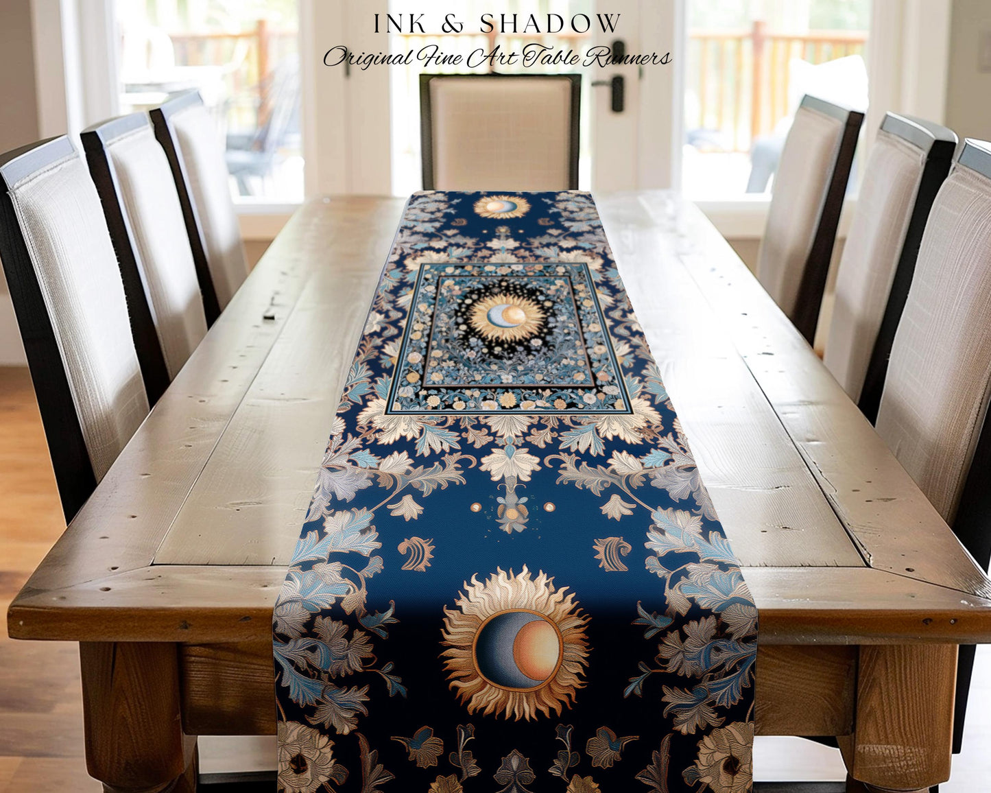 Lunar Energy Peaceful Table Runner | Gothic Bohemian Astrology Mystic Whimsical Sun & Moon Maximalist Witchy Tarot Celestial Dining Room |