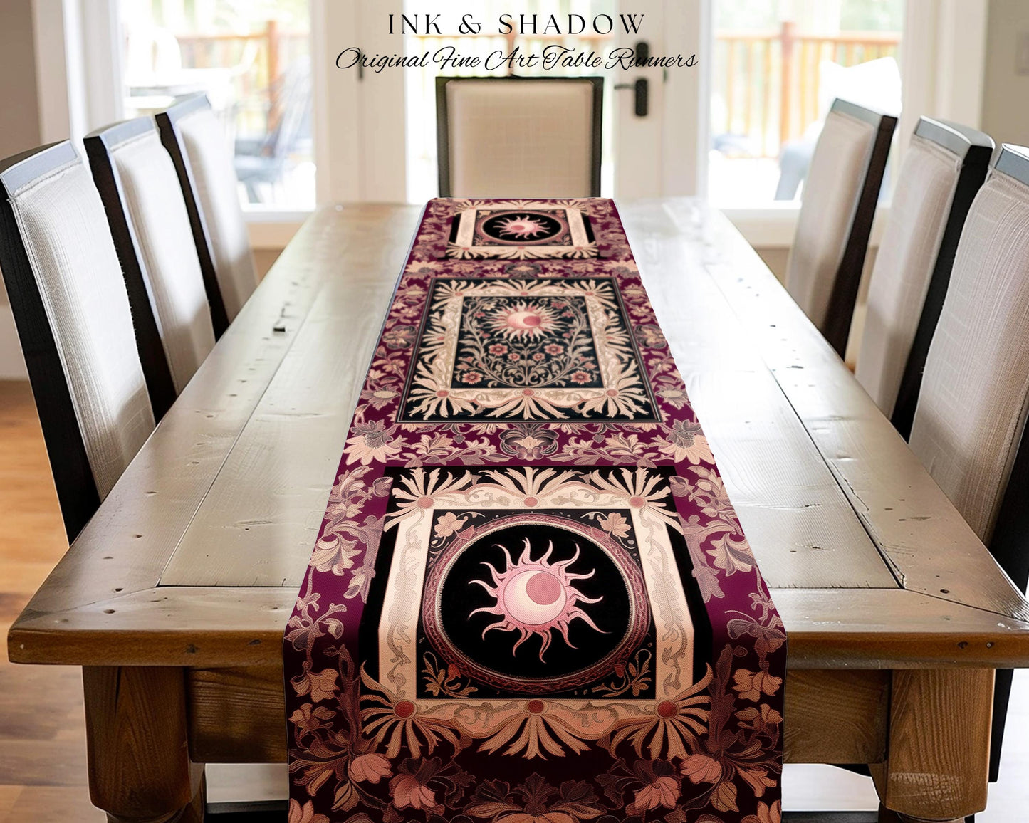 Celestial Victorian Gothic Table Runner | Dreamy Aesthetic Witchy Bohemian Magic Cosmic Astrology-Themed Maximalist Dining Room Decor Cosmic