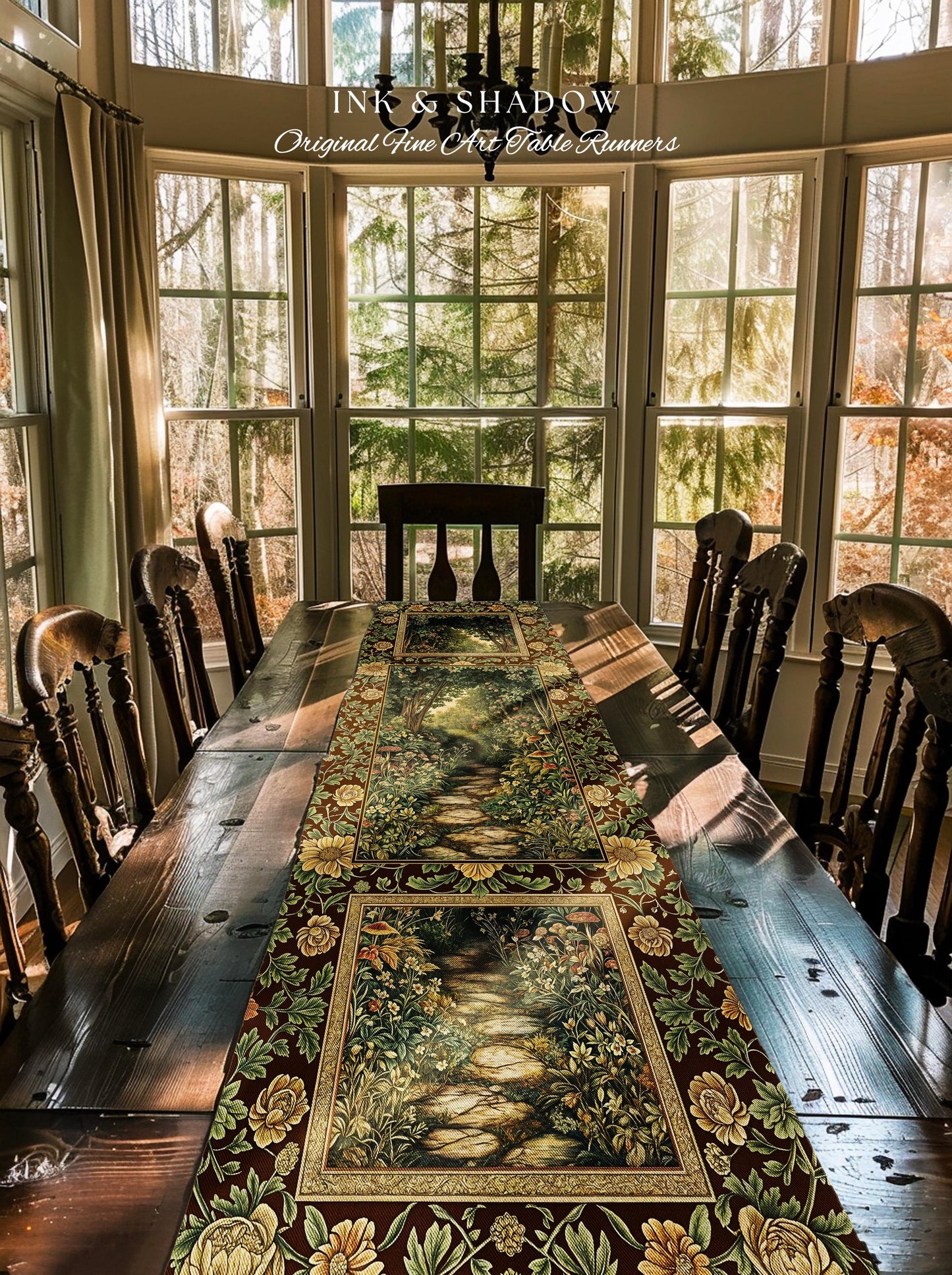 Fairy Ethereal Forest Table Runner Mystic Dark Academia Folklore Inspired, Magical Medieval Forestcore Botanical Woodland Dining Room Decor