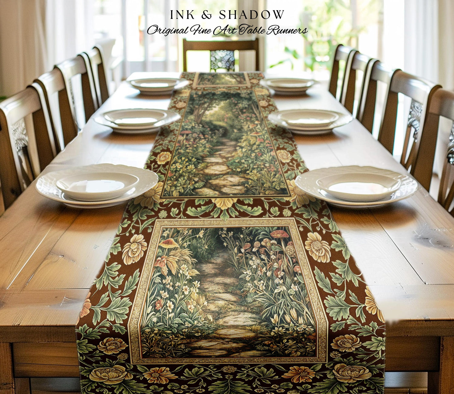 Fairy Ethereal Forest Table Runner Mystic Dark Academia Folklore Inspired, Magical Medieval Forestcore Botanical Woodland Dining Room Decor