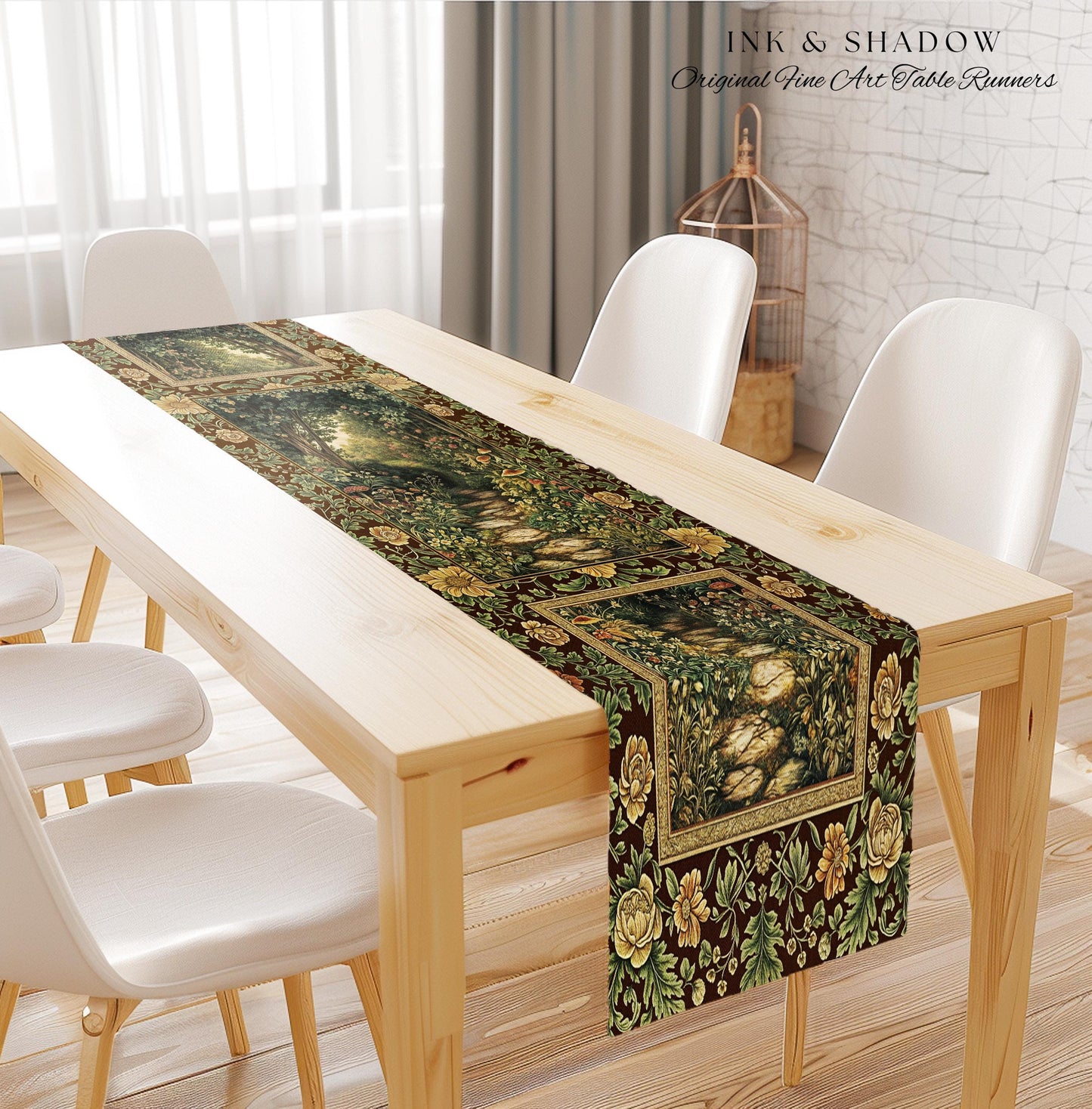 Fairy Ethereal Forest Table Runner Mystic Dark Academia Folklore Inspired, Magical Medieval Forestcore Botanical Woodland Dining Room Decor