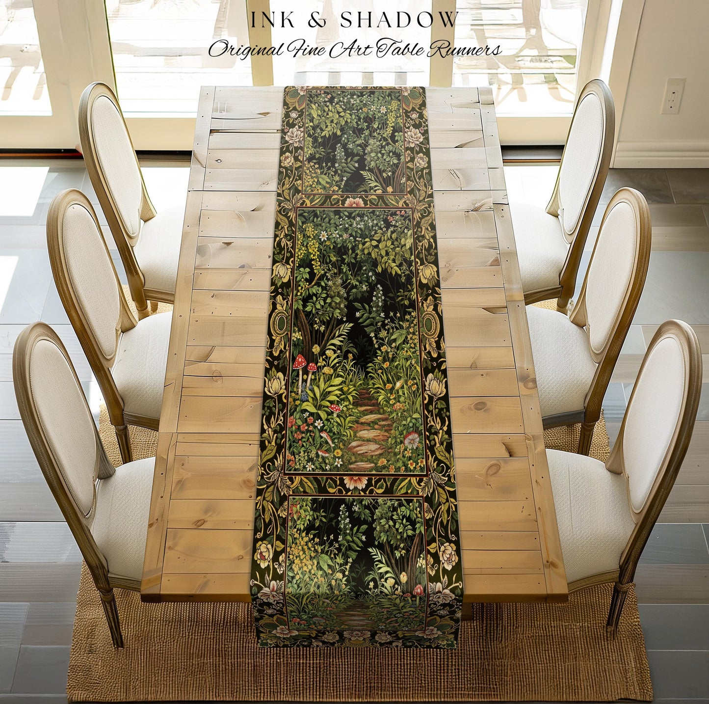 Toadstool Forest Mystical Mushroom Table Runner | Dark Academia Folklore Forest Inspired Fairycore Botanical Aesthetic Magical Medieval Boho