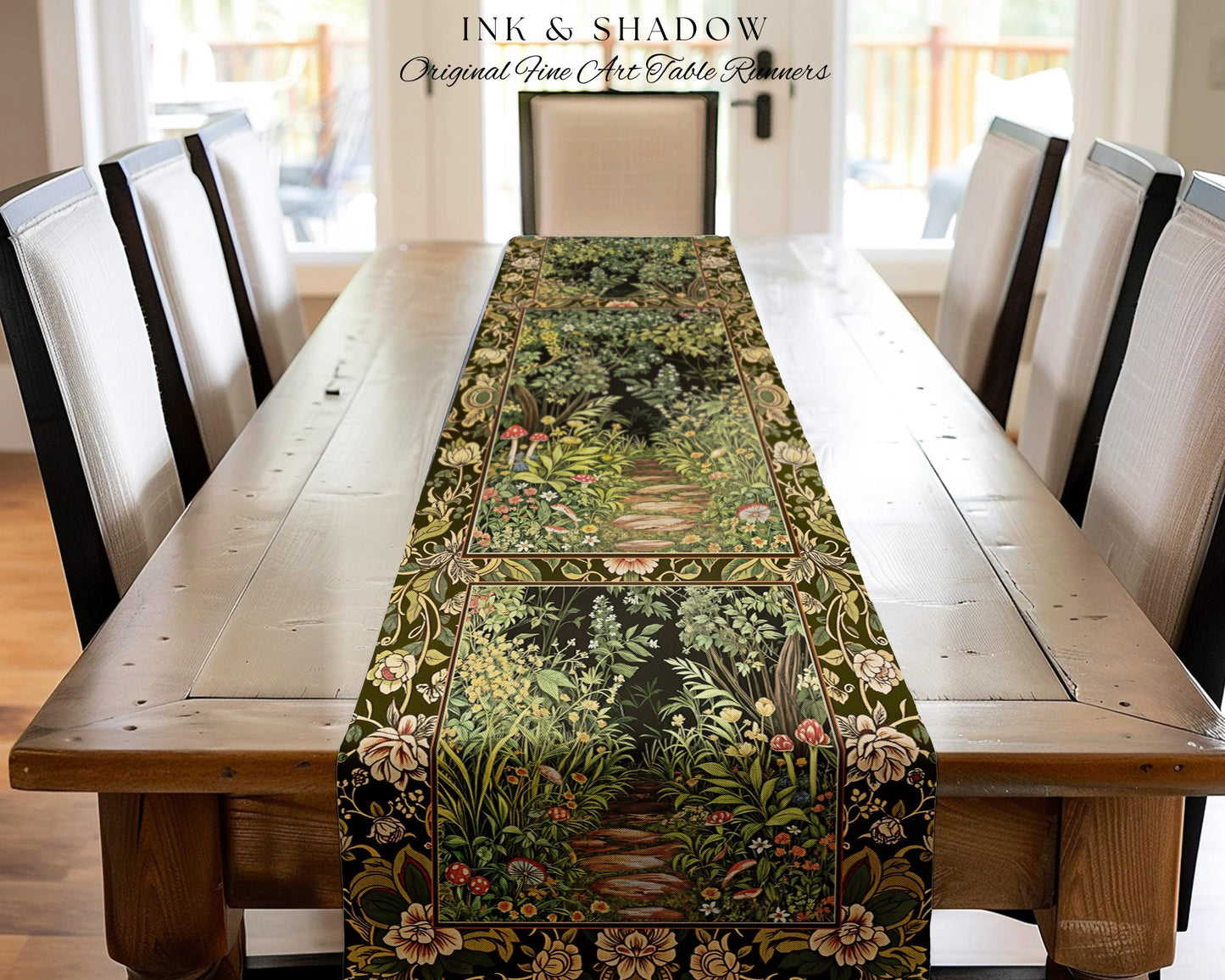Toadstool Forest Mystical Mushroom Table Runner | Dark Academia Folklore Forest Inspired Fairycore Botanical Aesthetic Magical Medieval Boho