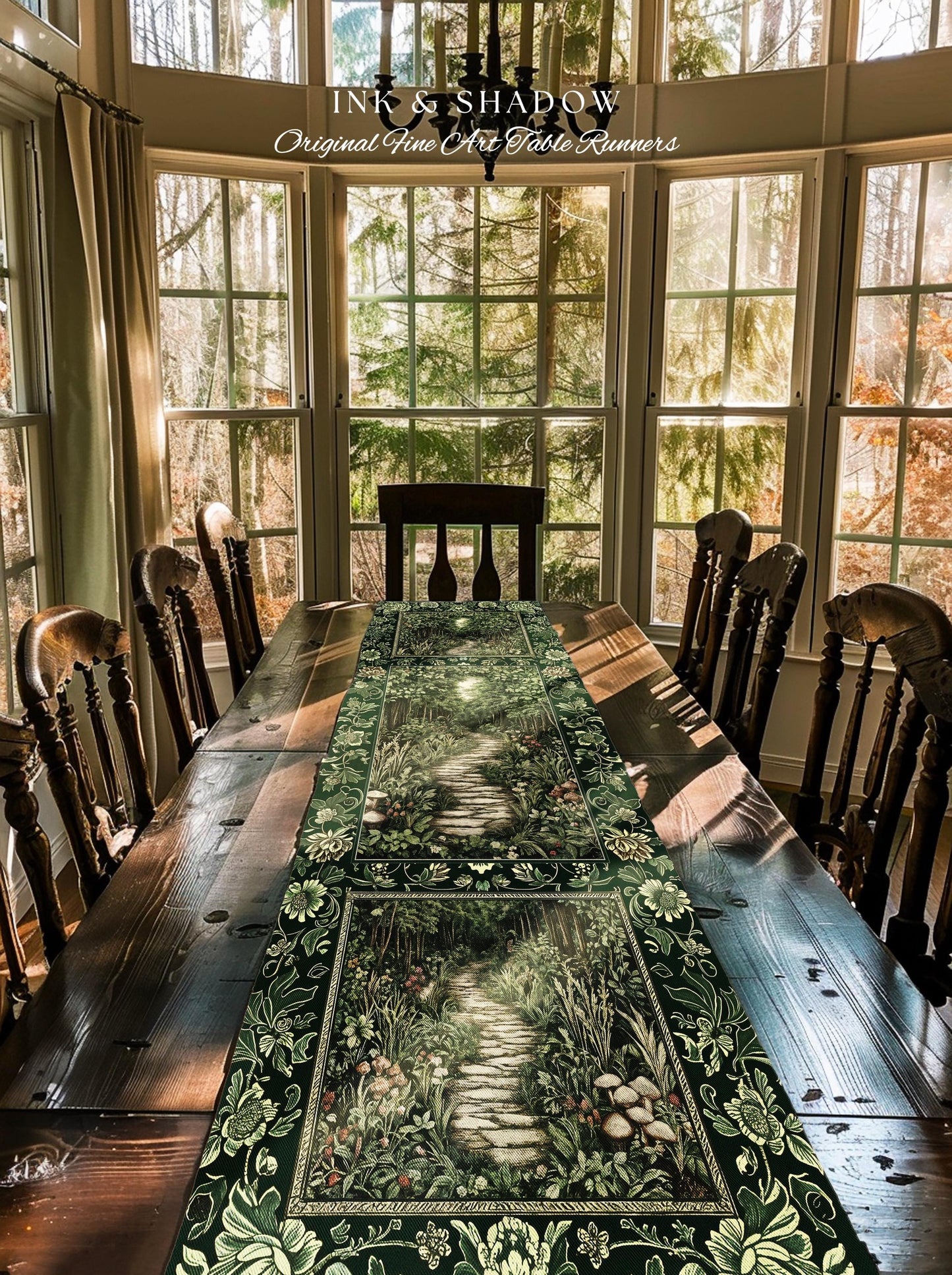 Ethereal Woodland Meadow Table Runner | Dark Academia Folklore Fairy Core Aesthetic Magical Dining Room Emerald Green Home Decor Botanical
