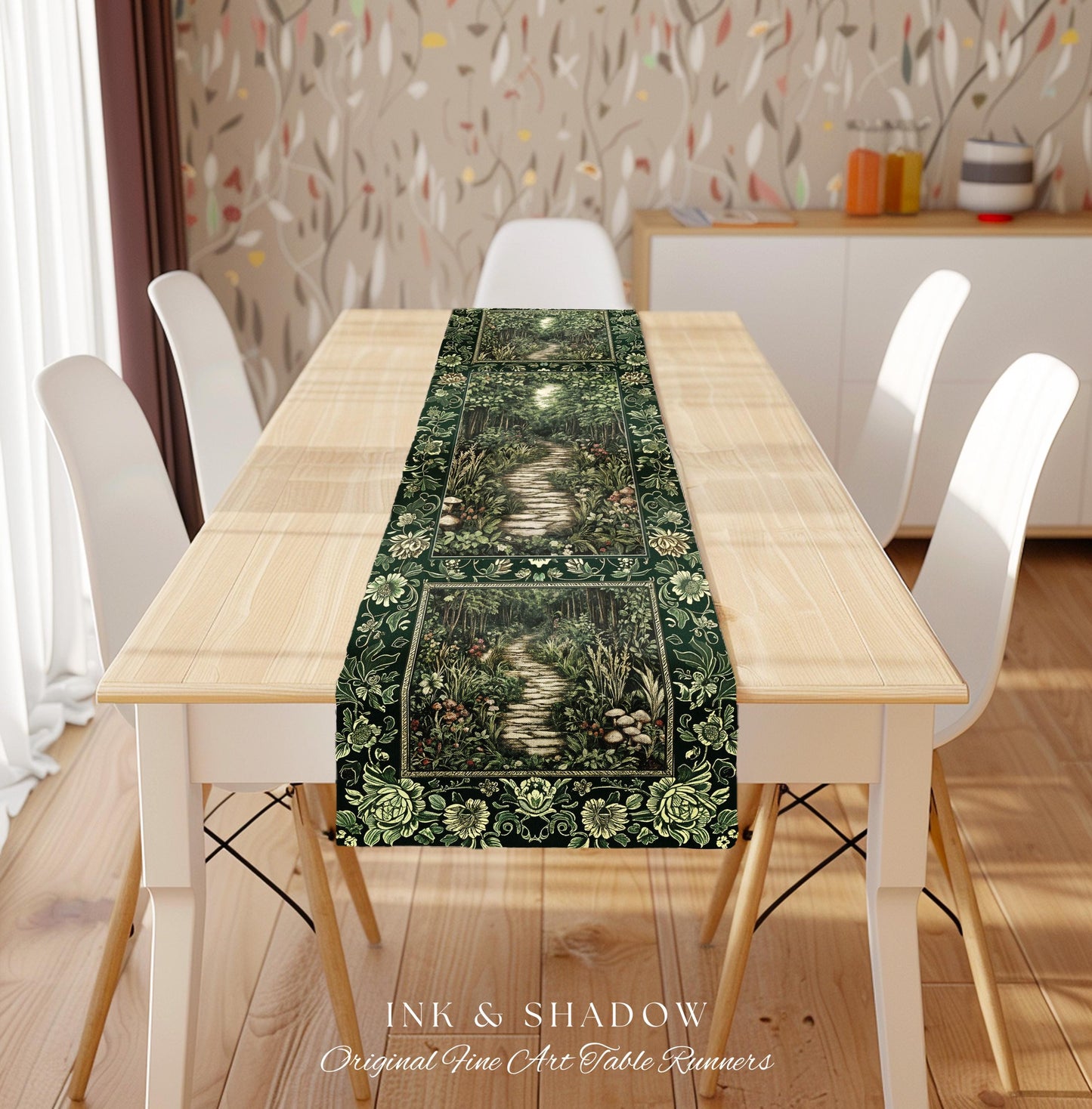 Ethereal Woodland Meadow Table Runner | Dark Academia Folklore Fairy Core Aesthetic Magical Dining Room Emerald Green Home Decor Botanical