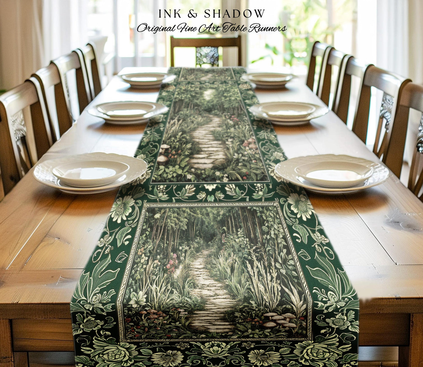 Ethereal Woodland Meadow Table Runner | Dark Academia Folklore Fairy Core Aesthetic Magical Dining Room Emerald Green Home Decor Botanical