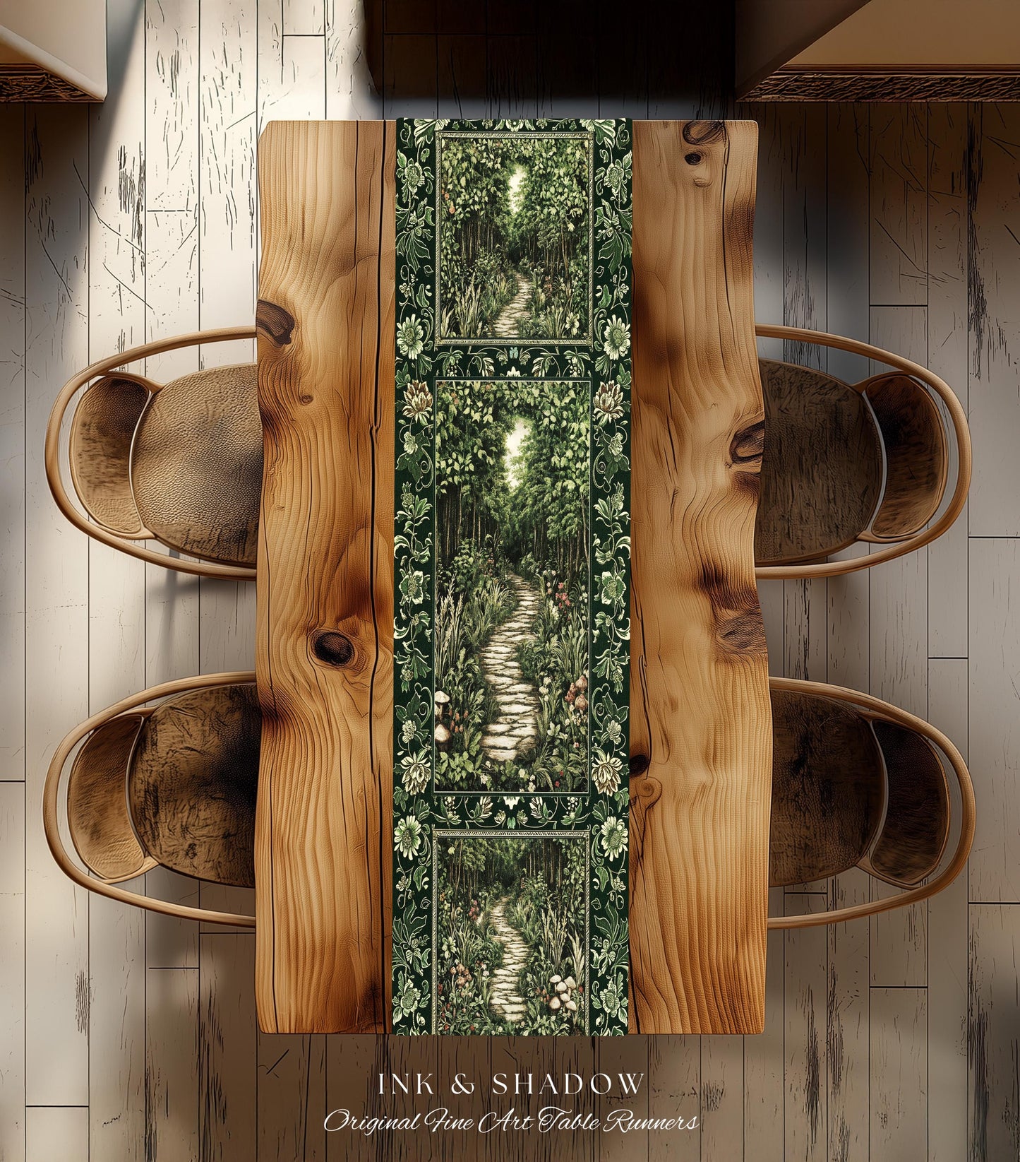 Ethereal Woodland Meadow Table Runner | Dark Academia Folklore Fairy Core Aesthetic Magical Dining Room Emerald Green Home Decor Botanical