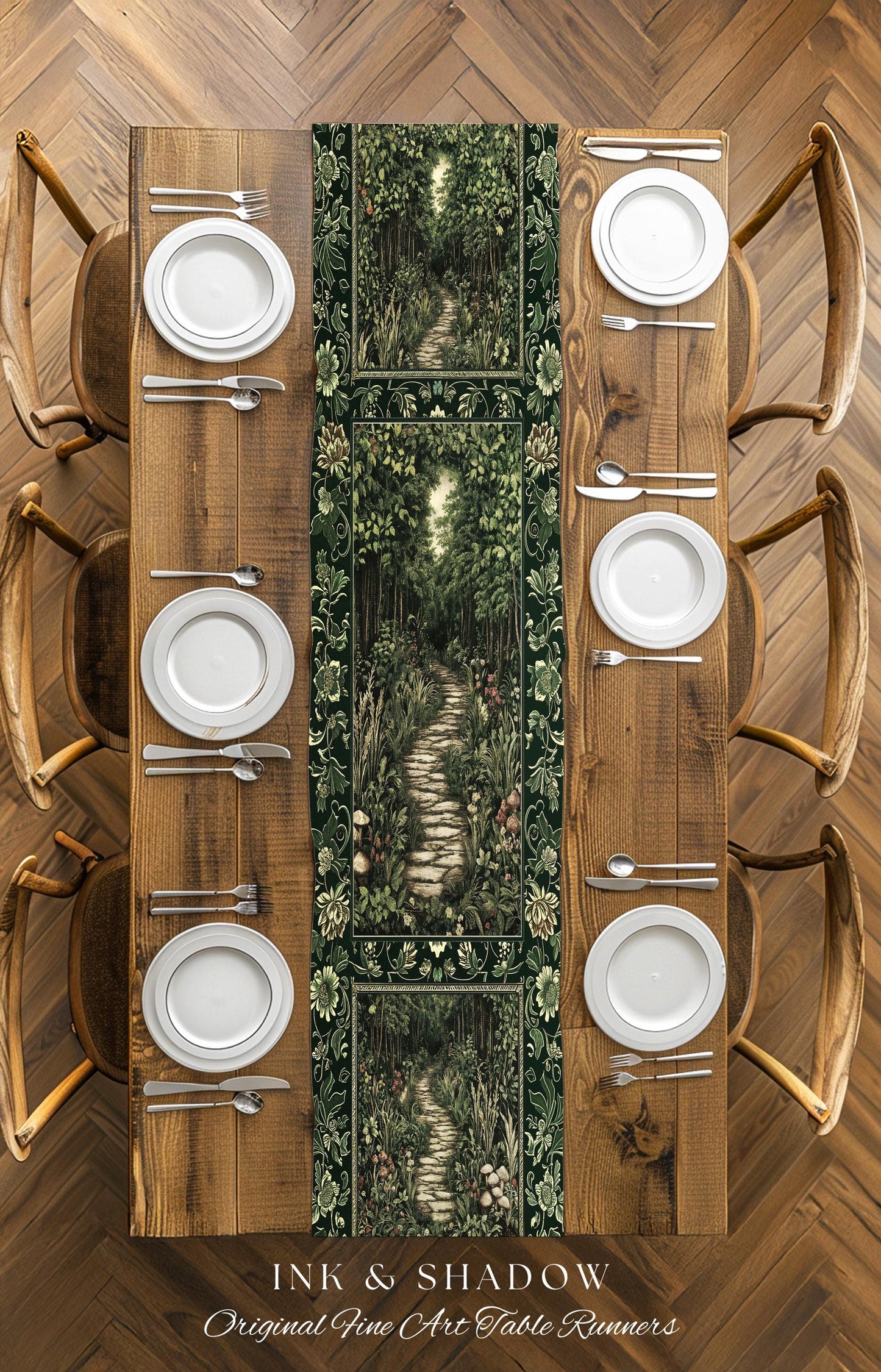 Ethereal Woodland Meadow Table Runner | Dark Academia Folklore Fairy Core Aesthetic Magical Dining Room Emerald Green Home Decor Botanical