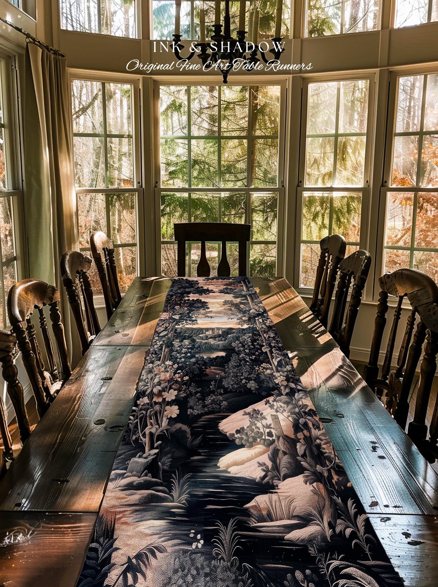 Pastel Fairy Aesthetic Table Runner | Ethereal Woodland Royalcore Rosy Dining Room Botanical Landscape Medieval Princess Rustic Housewarming