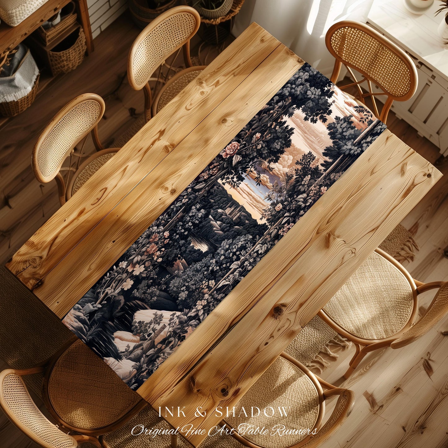 Pastel Fairy Aesthetic Table Runner | Ethereal Woodland Royalcore Rosy Dining Room Botanical Landscape Medieval Princess Rustic Housewarming